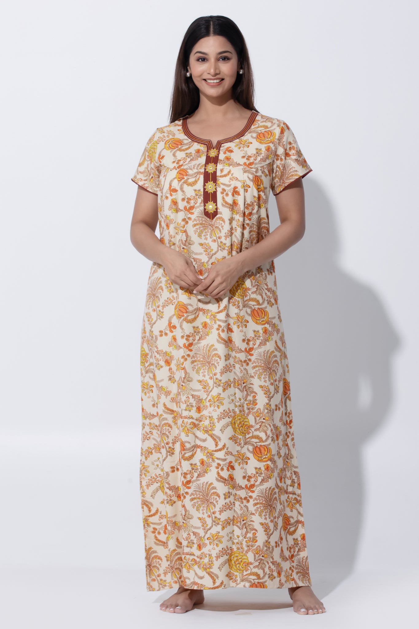 Yellow Cotton Nighty with Foil Mirror Work & Embroidered Yoke