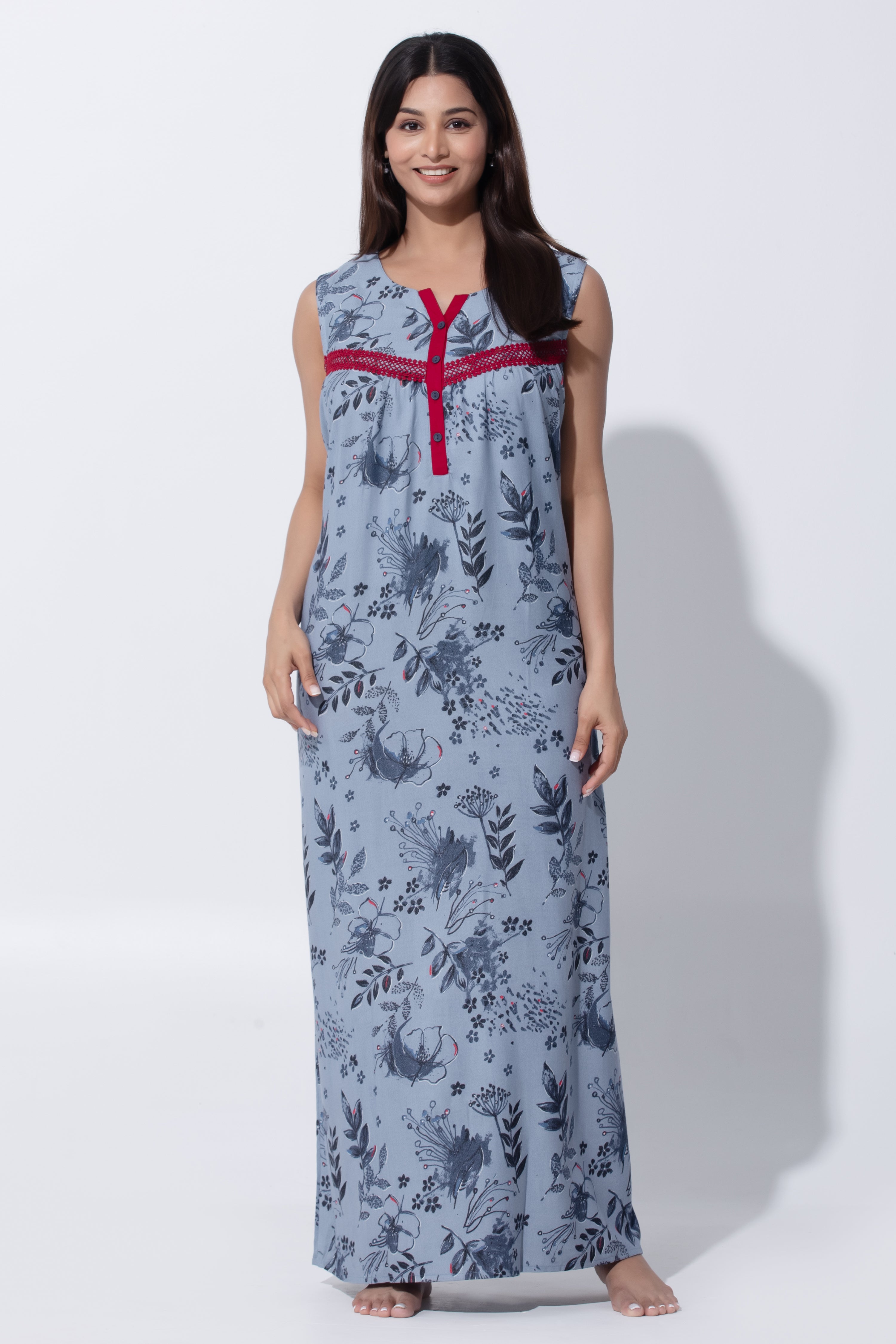 Gray Cotton Nightwear with Lace Yoke & Front Buttons