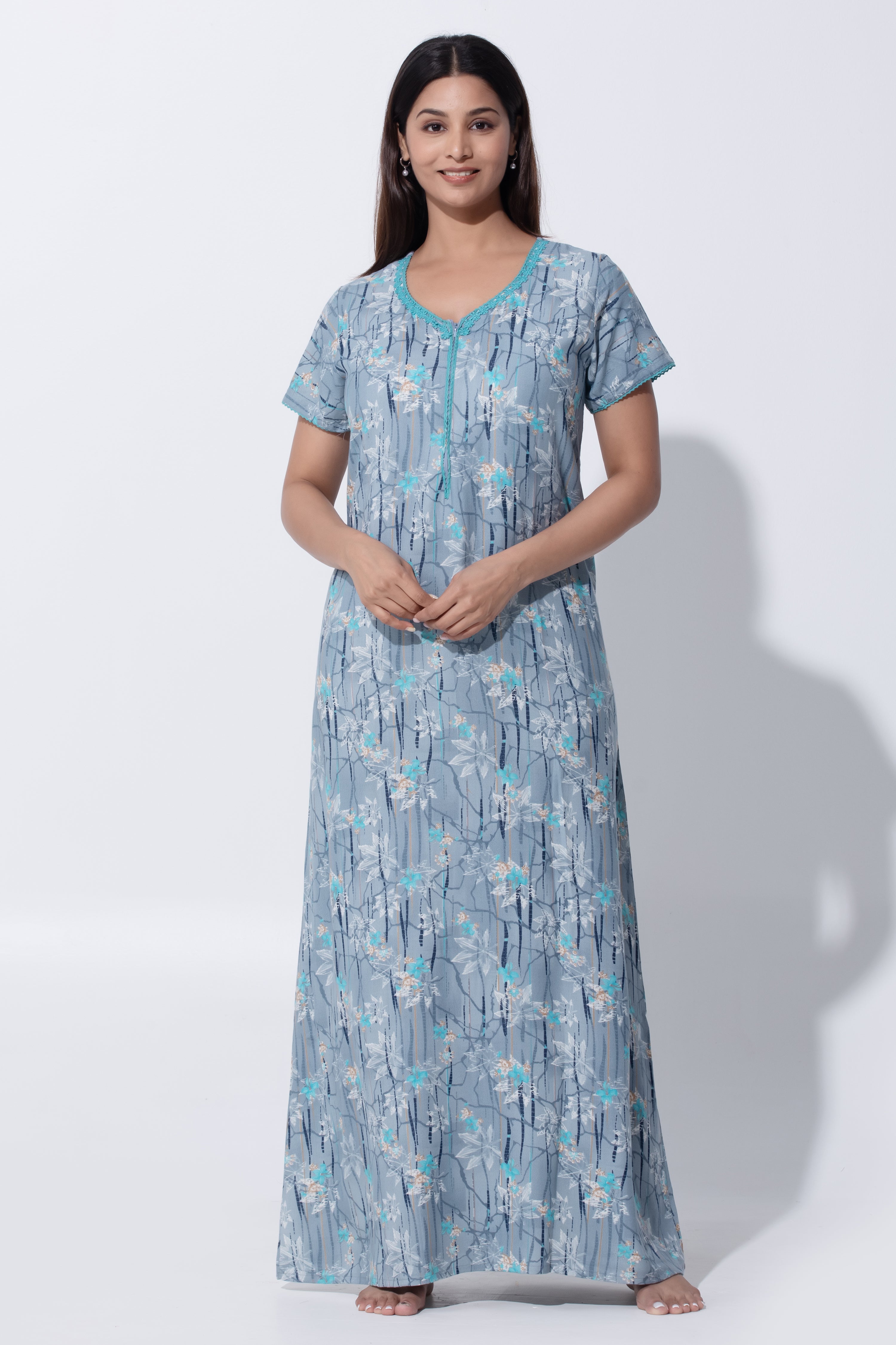 Gray & Blue Cotton Nighty with Lace Yoke & Front Zipper