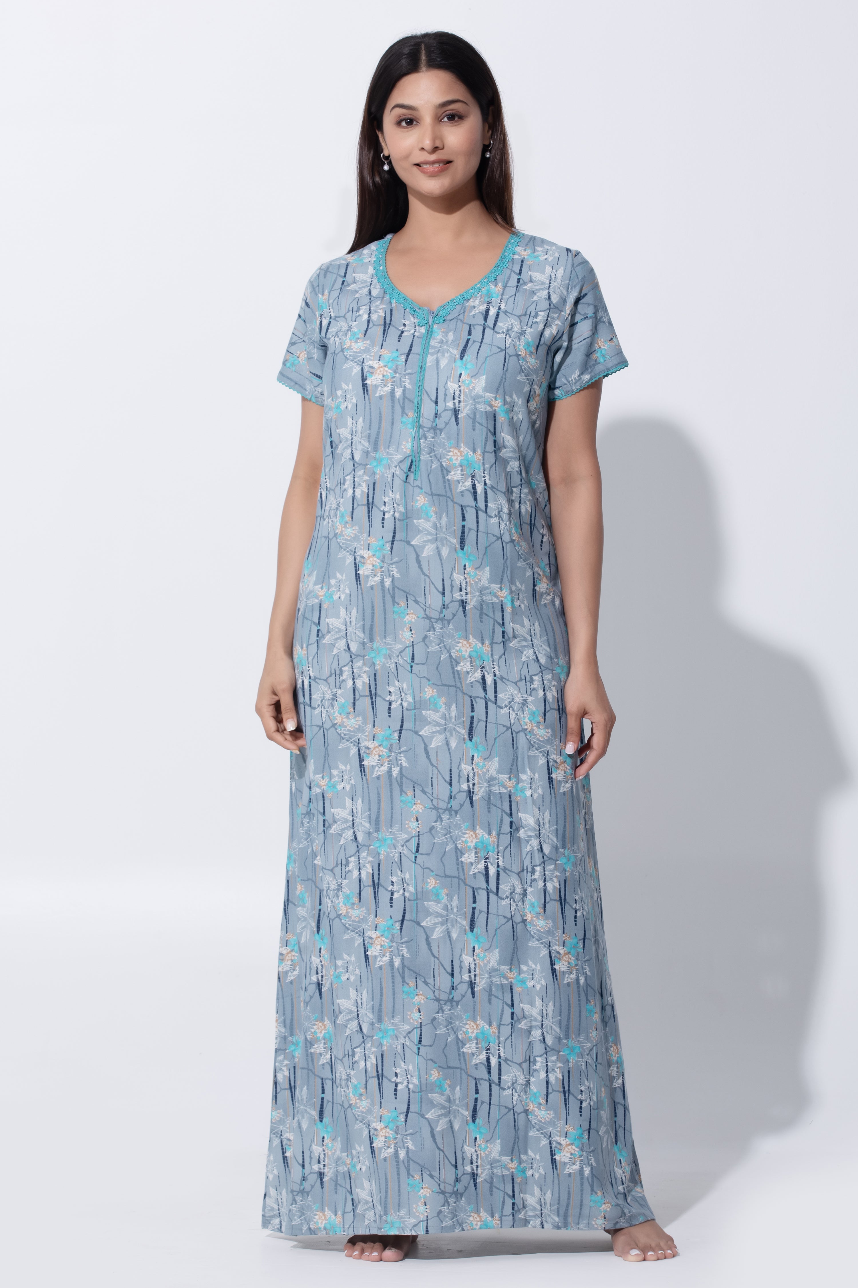 Gray & Blue Cotton Nighty with Lace Yoke & Front Zipper