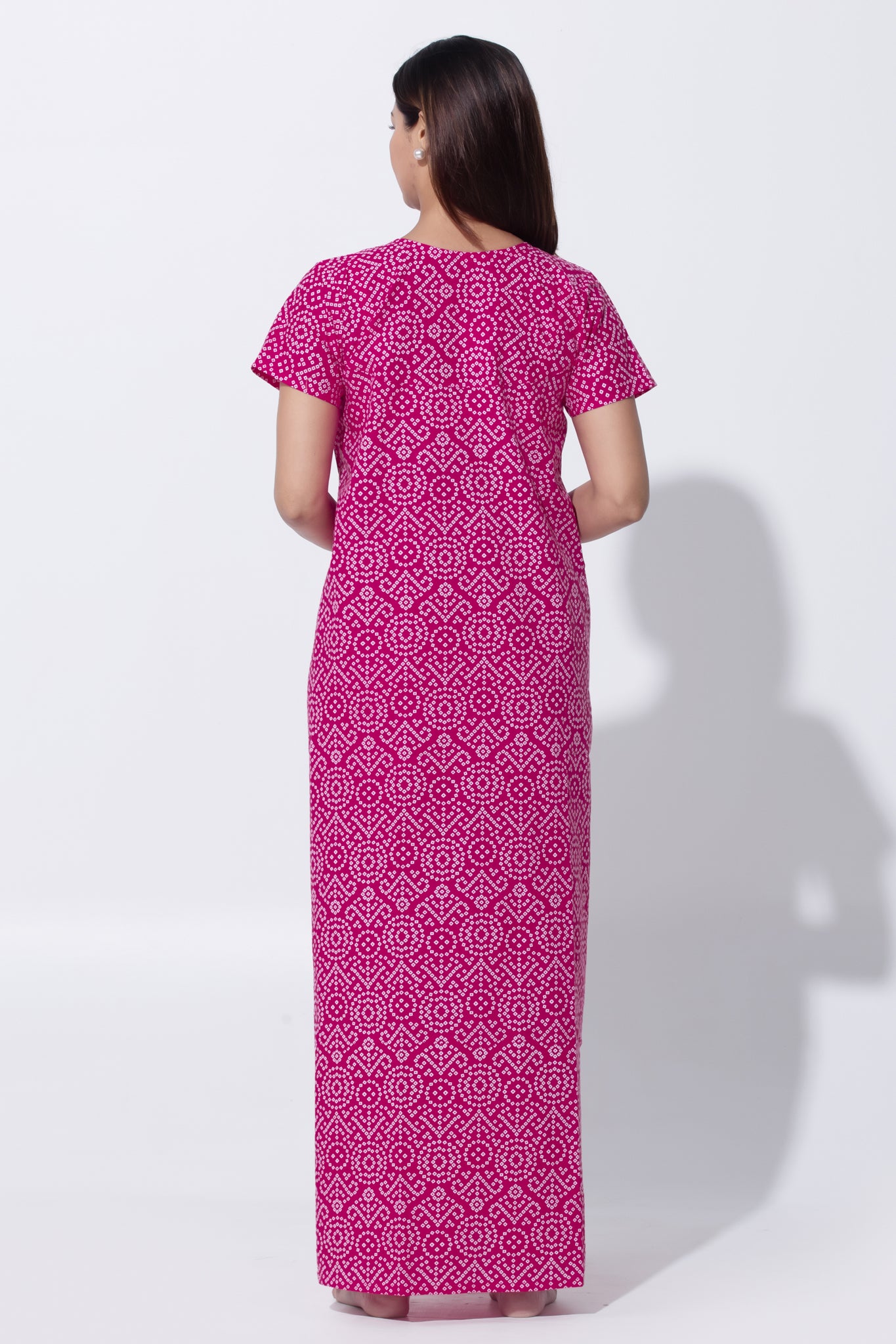 Pink Bandhni Print Cotton Nighty with Little Embroidered Yoke