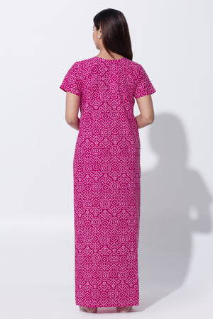 Pink Bandhni Print Cotton Nighty with Little Embroidered Yoke
