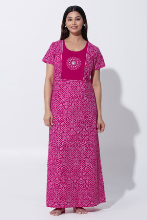 Pink Bandhni Print Cotton Nighty with Little Embroidered Yoke