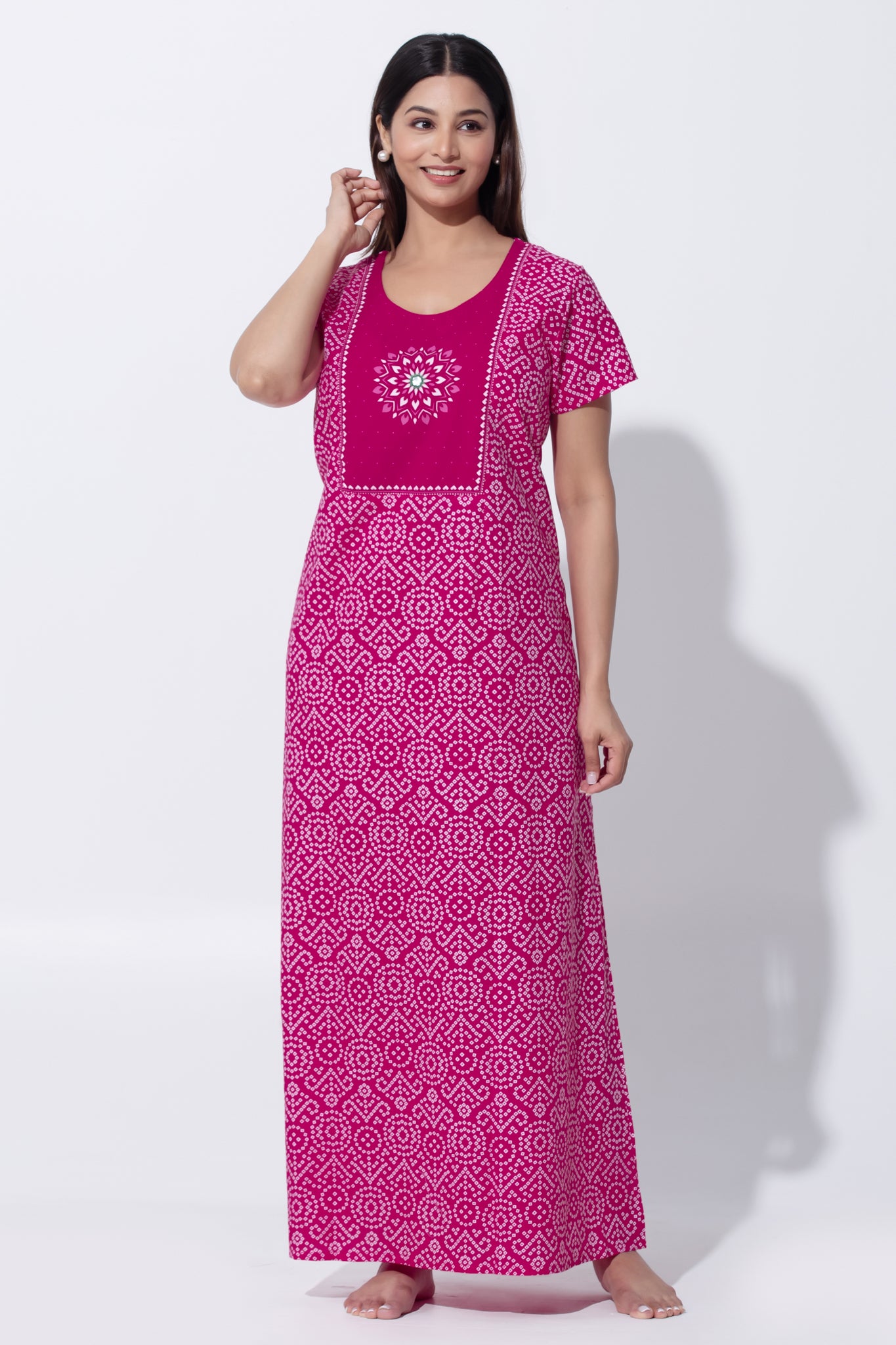 Pink Bandhni Print Cotton Nighty with Little Embroidered Yoke