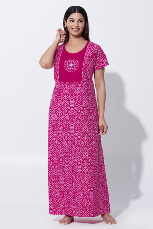 Pink Bandhni Print Cotton Nighty with Little Embroidered Yoke