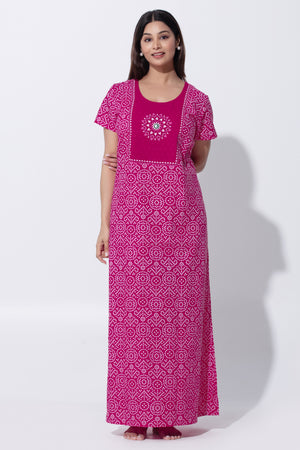 Pink Bandhni Print Cotton Nighty with Little Embroidered Yoke