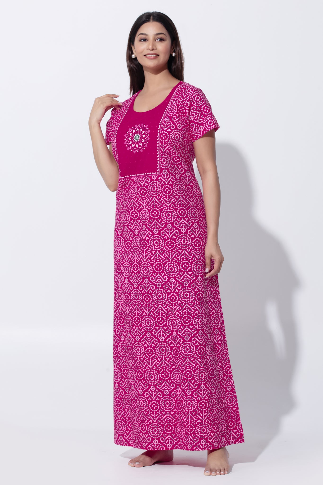 Pink Bandhni Print Cotton Nighty with Little Embroidered Yoke