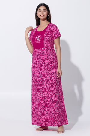 Pink Bandhni Print Cotton Nighty with Little Embroidered Yoke