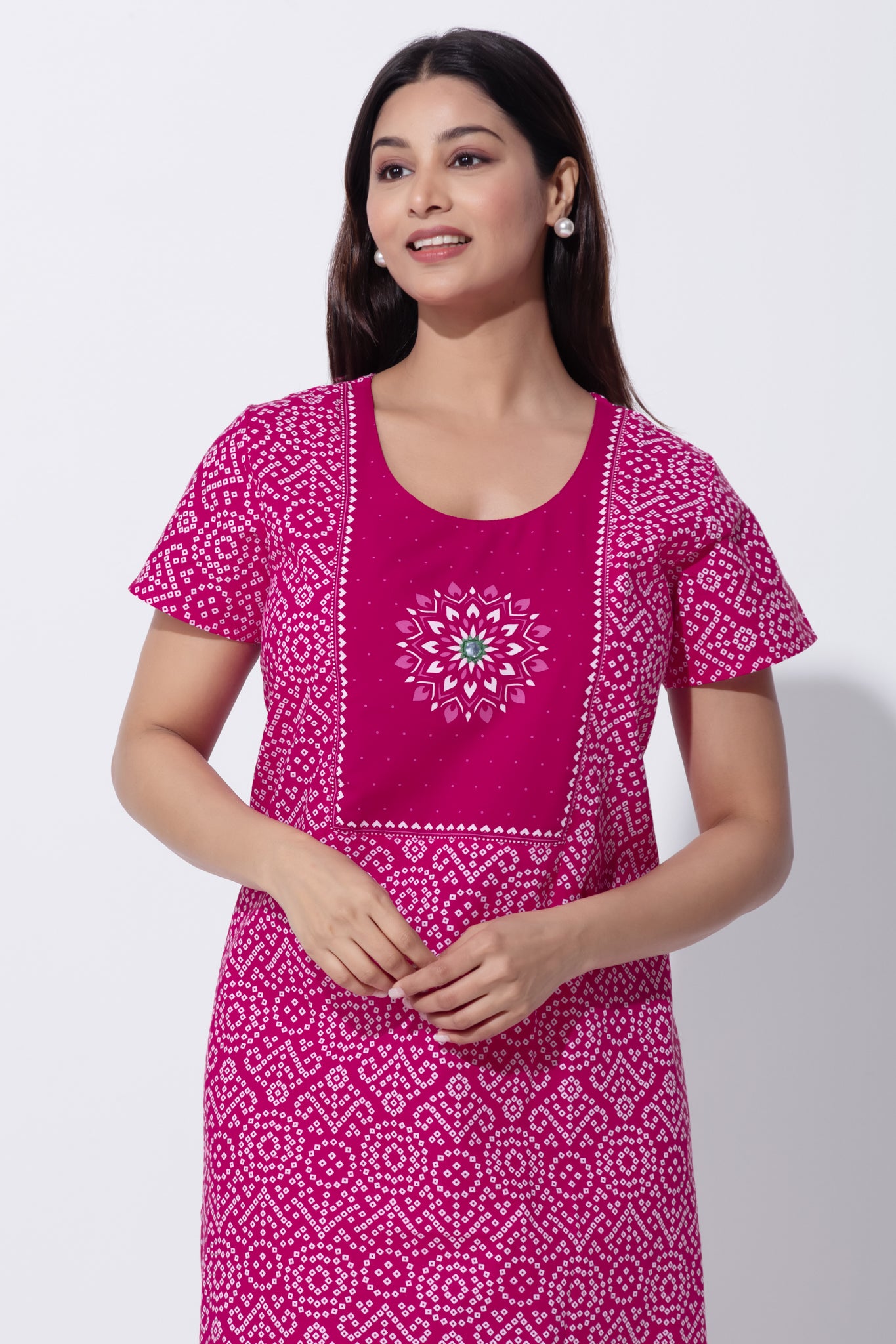 Pink Bandhni Print Cotton Nighty with Little Embroidered Yoke