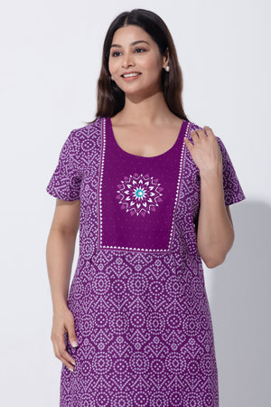 Purple Bandhni Print Cotton Nighty with Little Embroidered Yoke