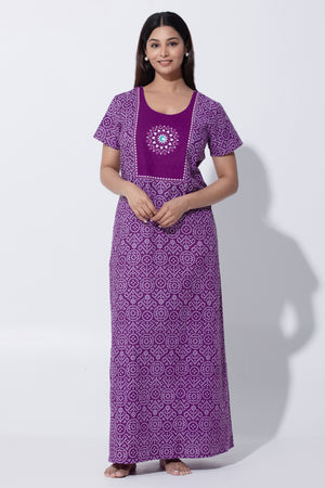 Purple Bandhni Print Cotton Nighty with Little Embroidered Yoke