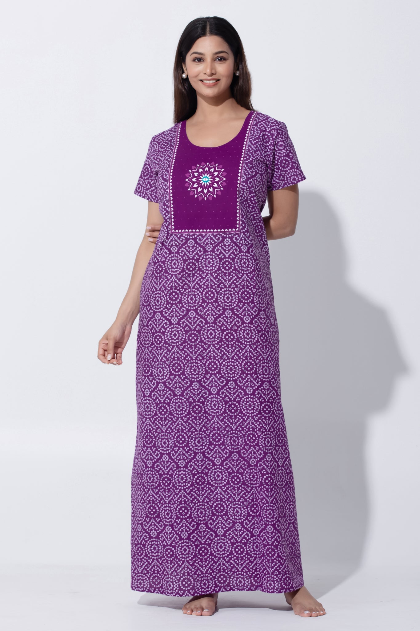 Purple Bandhni Print Cotton Nighty with Little Embroidered Yoke