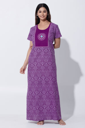 Purple Bandhni Print Cotton Nighty with Little Embroidered Yoke