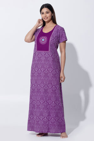 Purple Bandhni Print Cotton Nighty with Little Embroidered Yoke