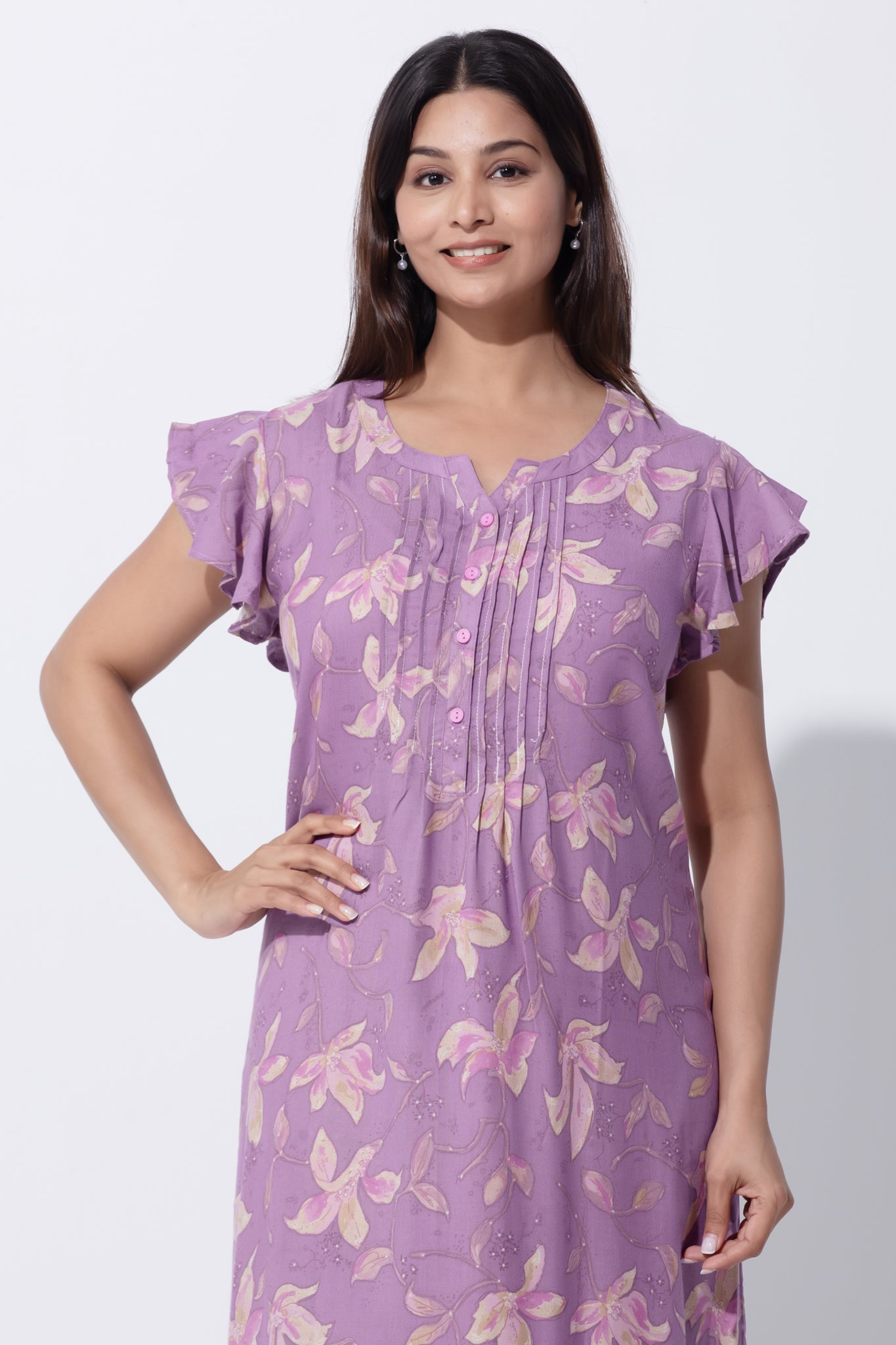 Purple Floral Printed Polycotton Nightwear with Pin Tuck Yoke & Ruffled Sleeve
