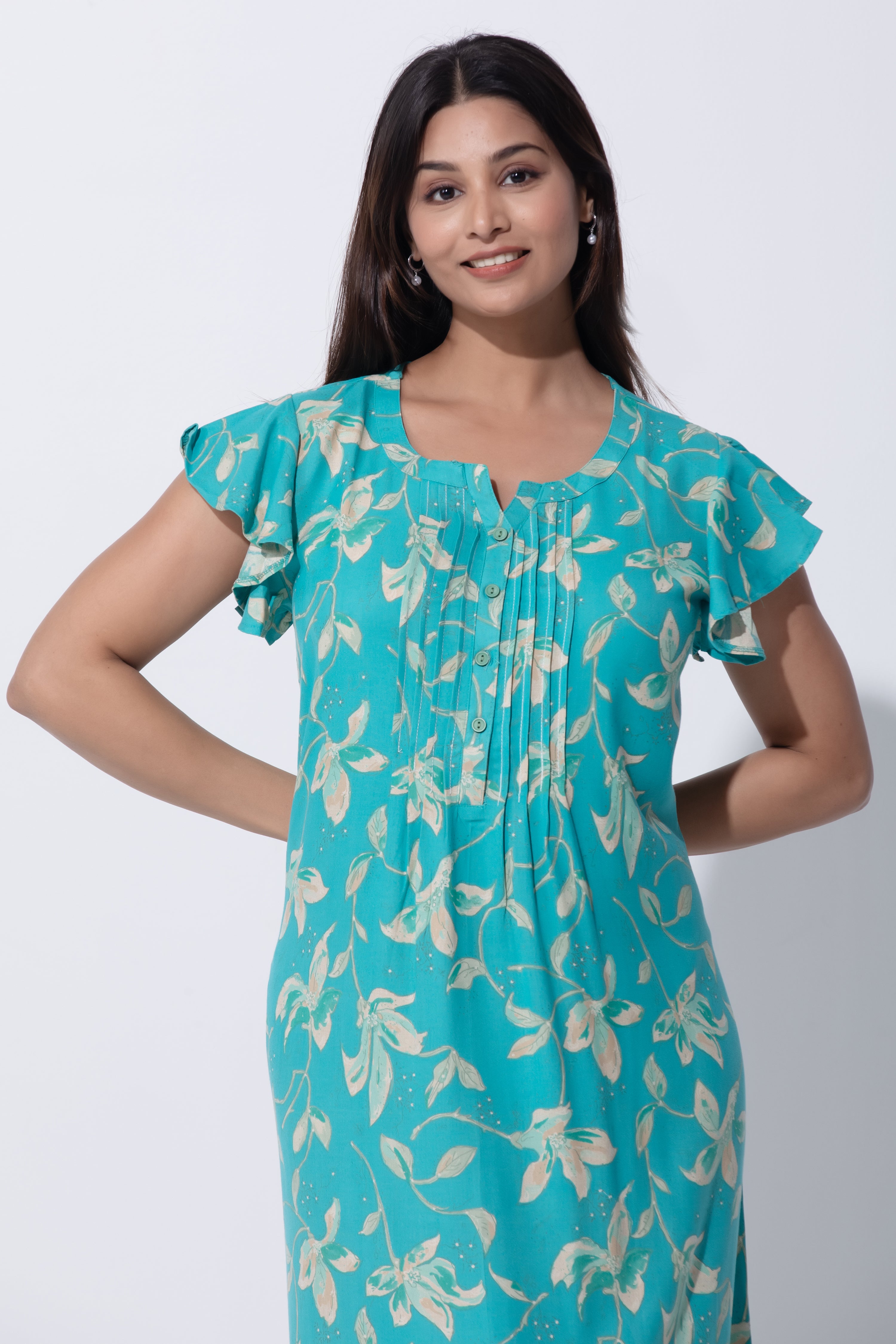 Turquoise Floral Printed Polycotton Nightwear with Flutter Sleeve