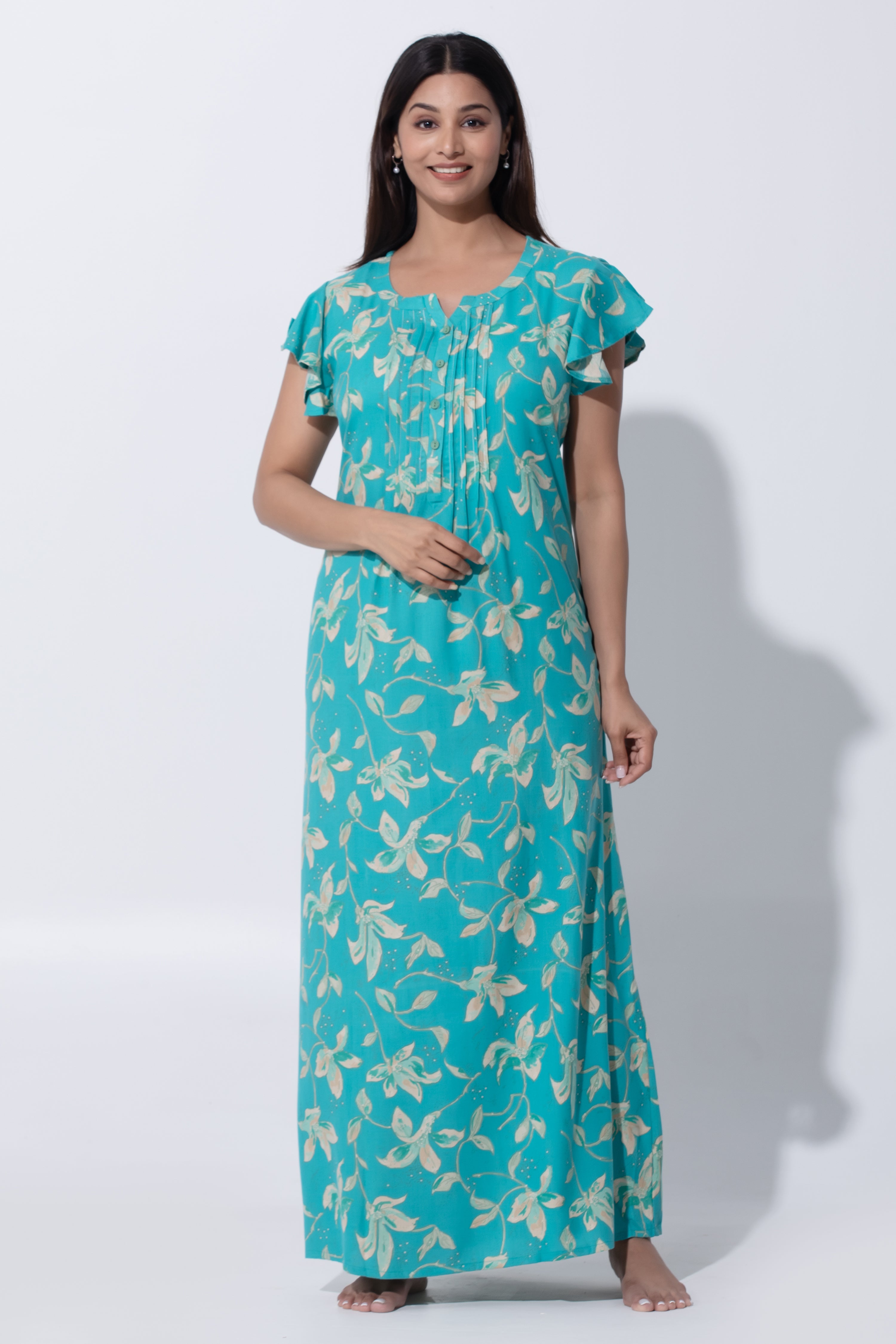 Turquoise Floral Printed Polycotton Nightwear with Flutter Sleeve