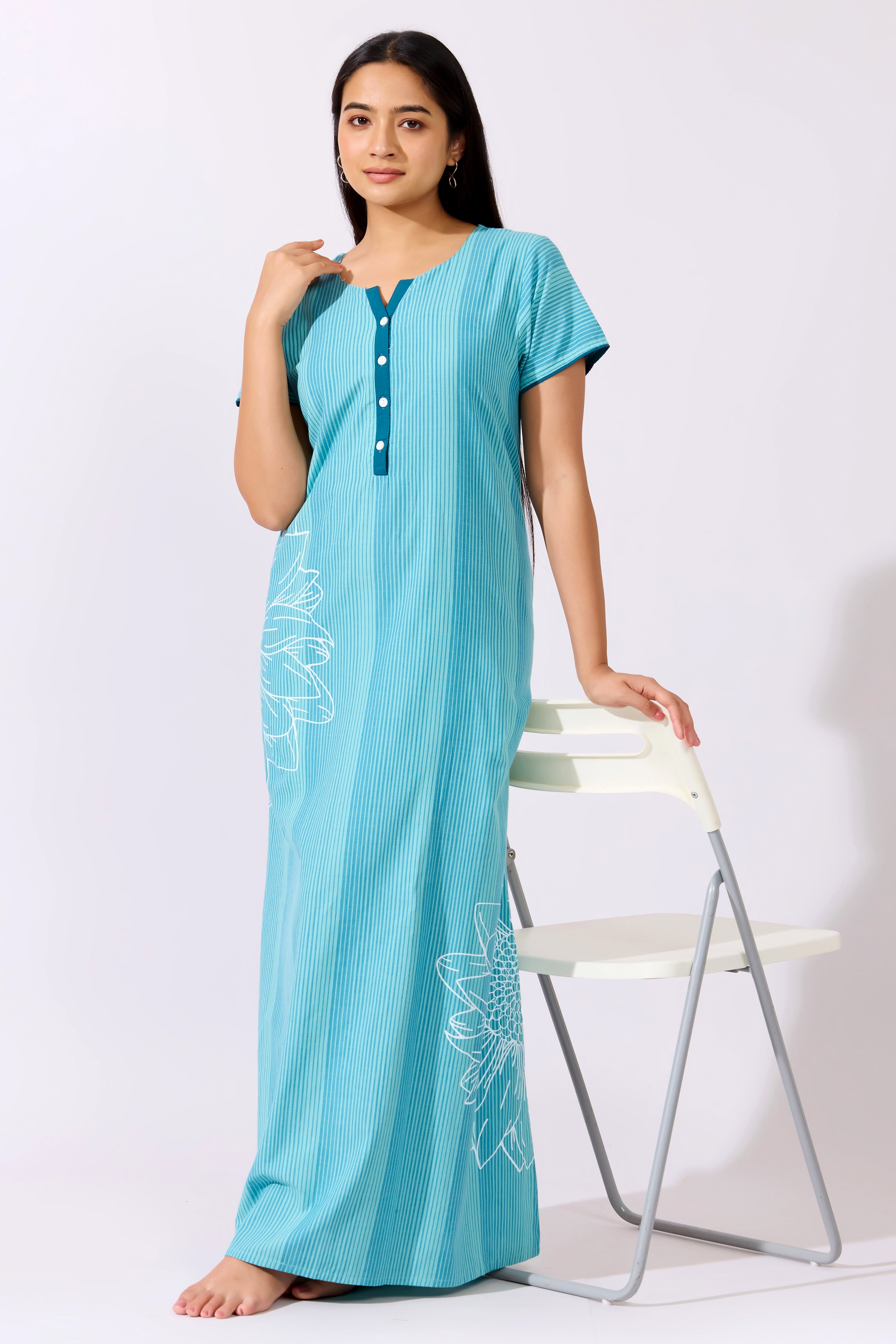 Blue Striped Cotton Nighty with Placement Floral Prints