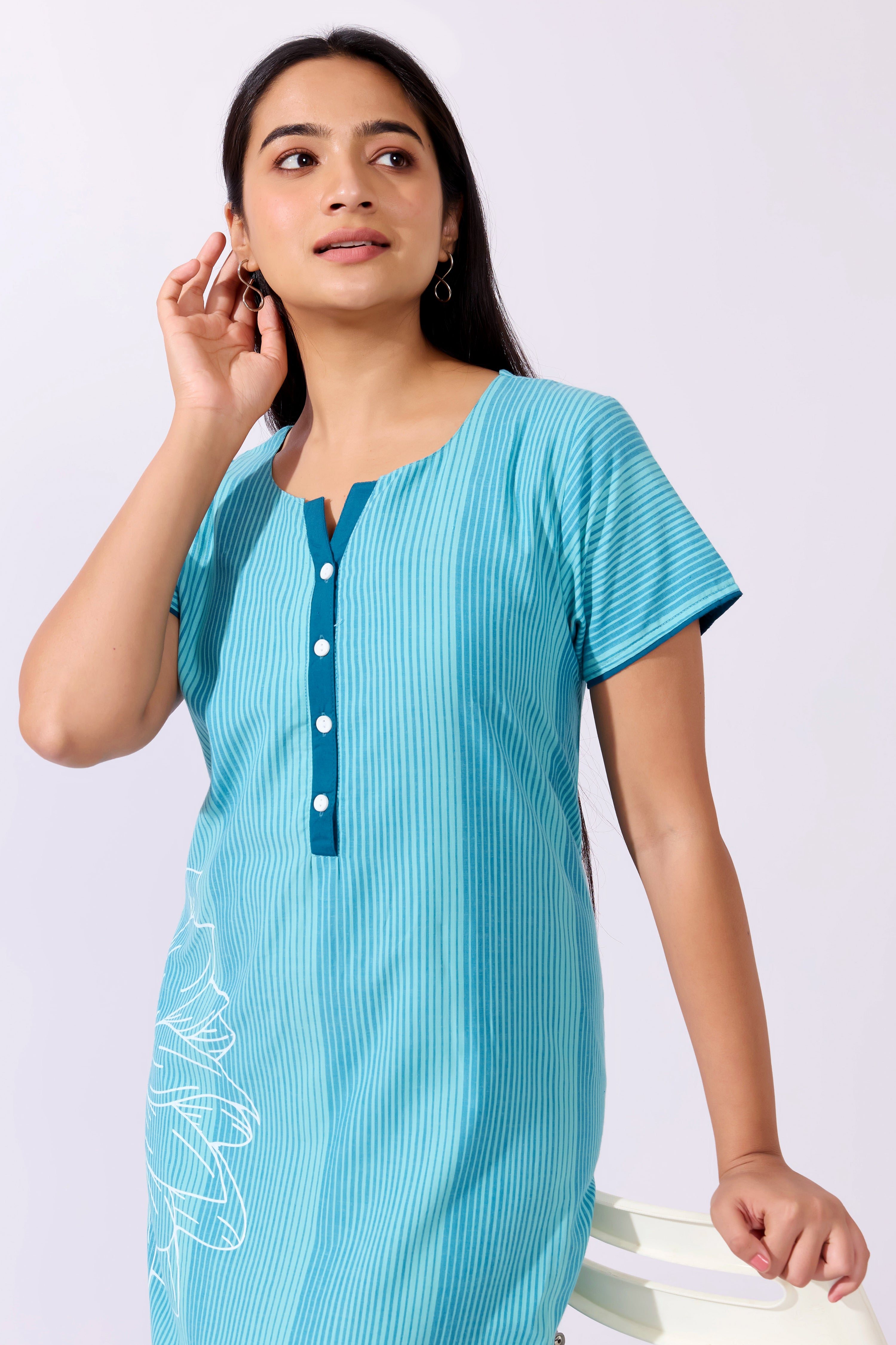 Blue Striped Cotton Nighty with Placement Floral Prints