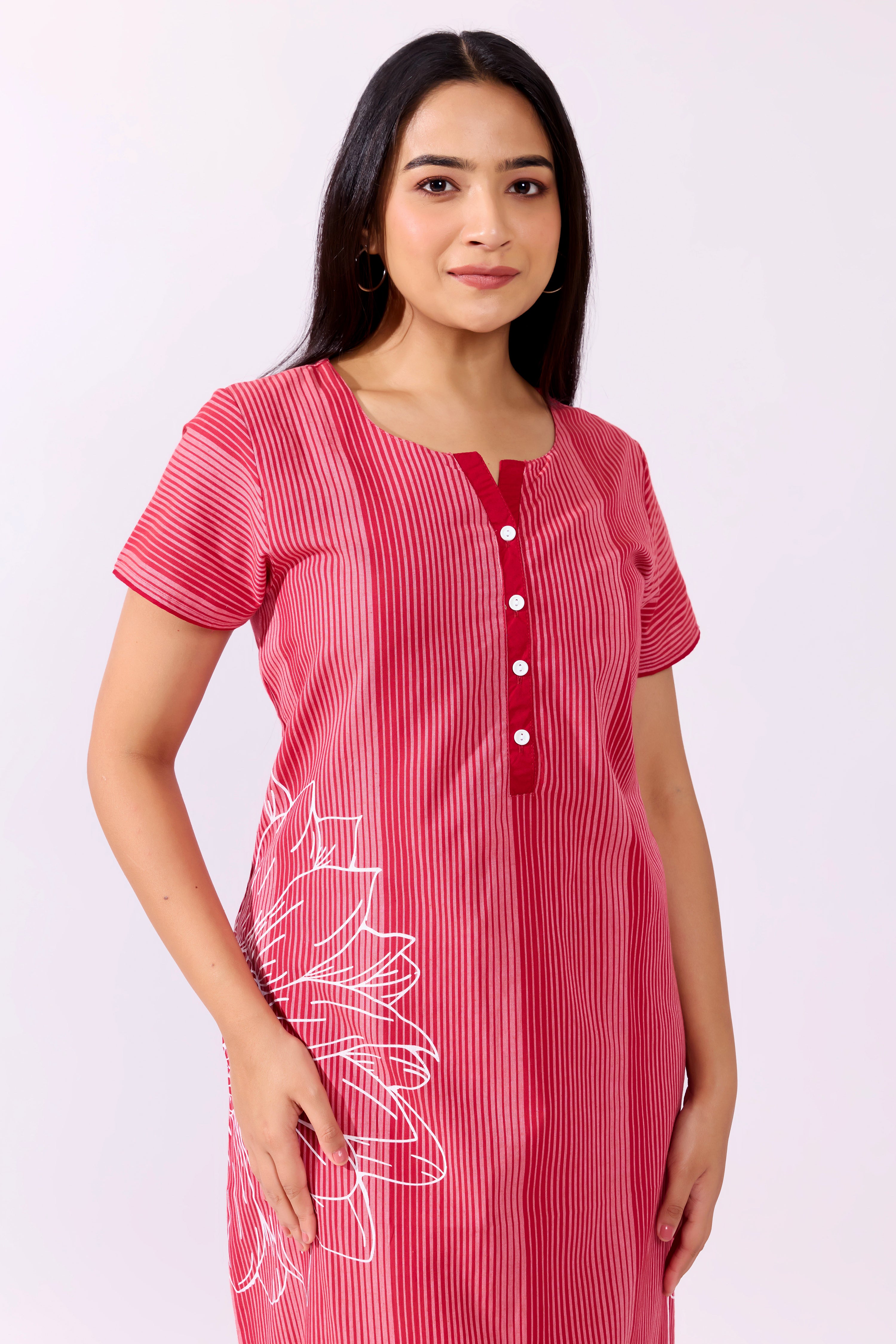 Red Striped Cotton Nighty with Placement Floral Prints