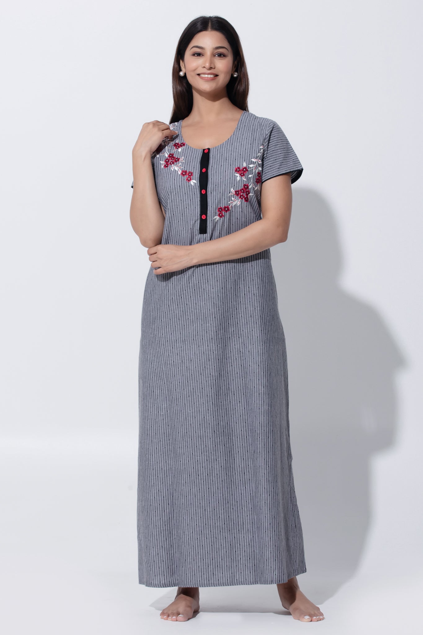 Gray Floral Embroidered Pure Cotton Nightwear with Button Closure