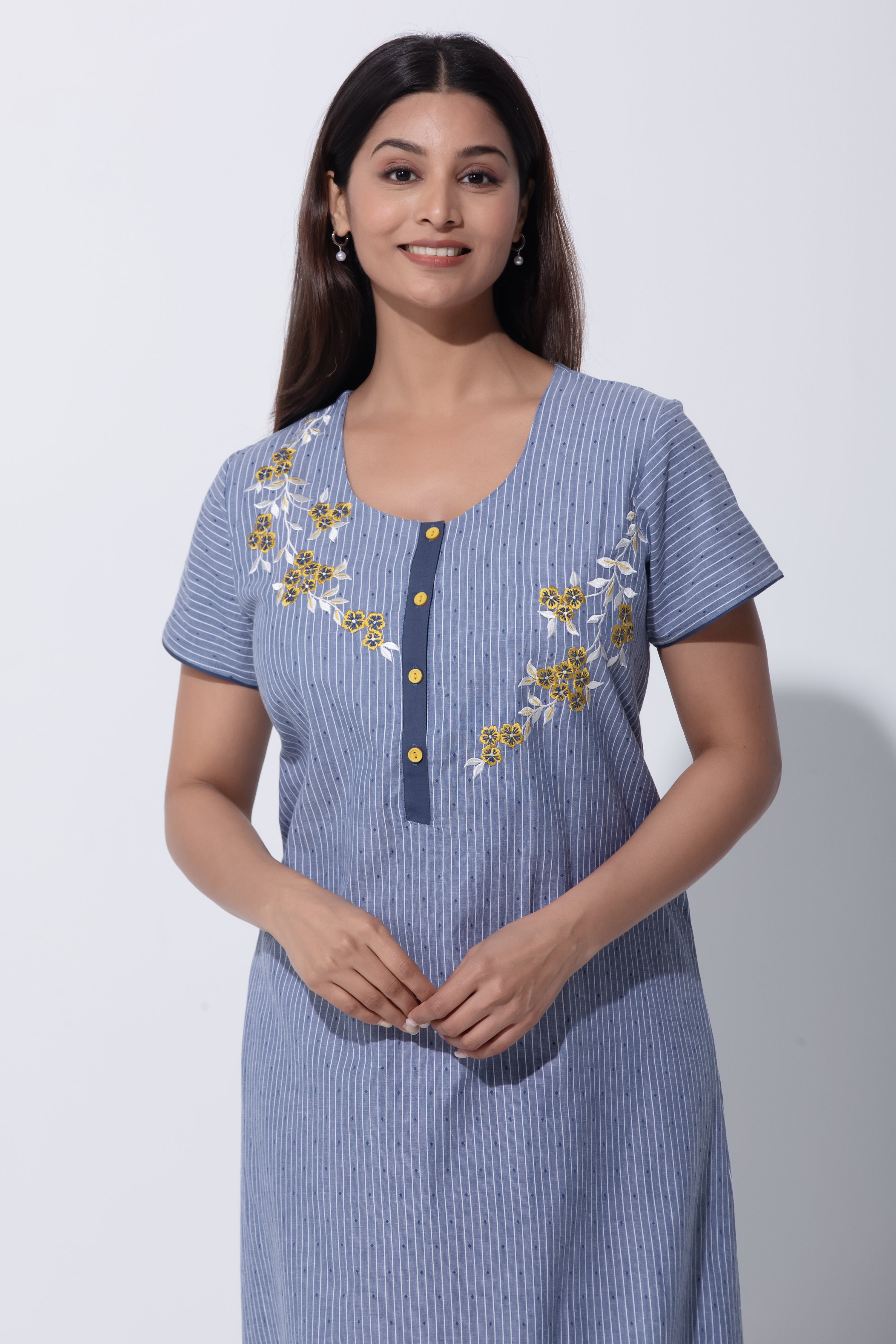 Gray Floral Embroidered Pure Cotton Nightwear with Button Closure