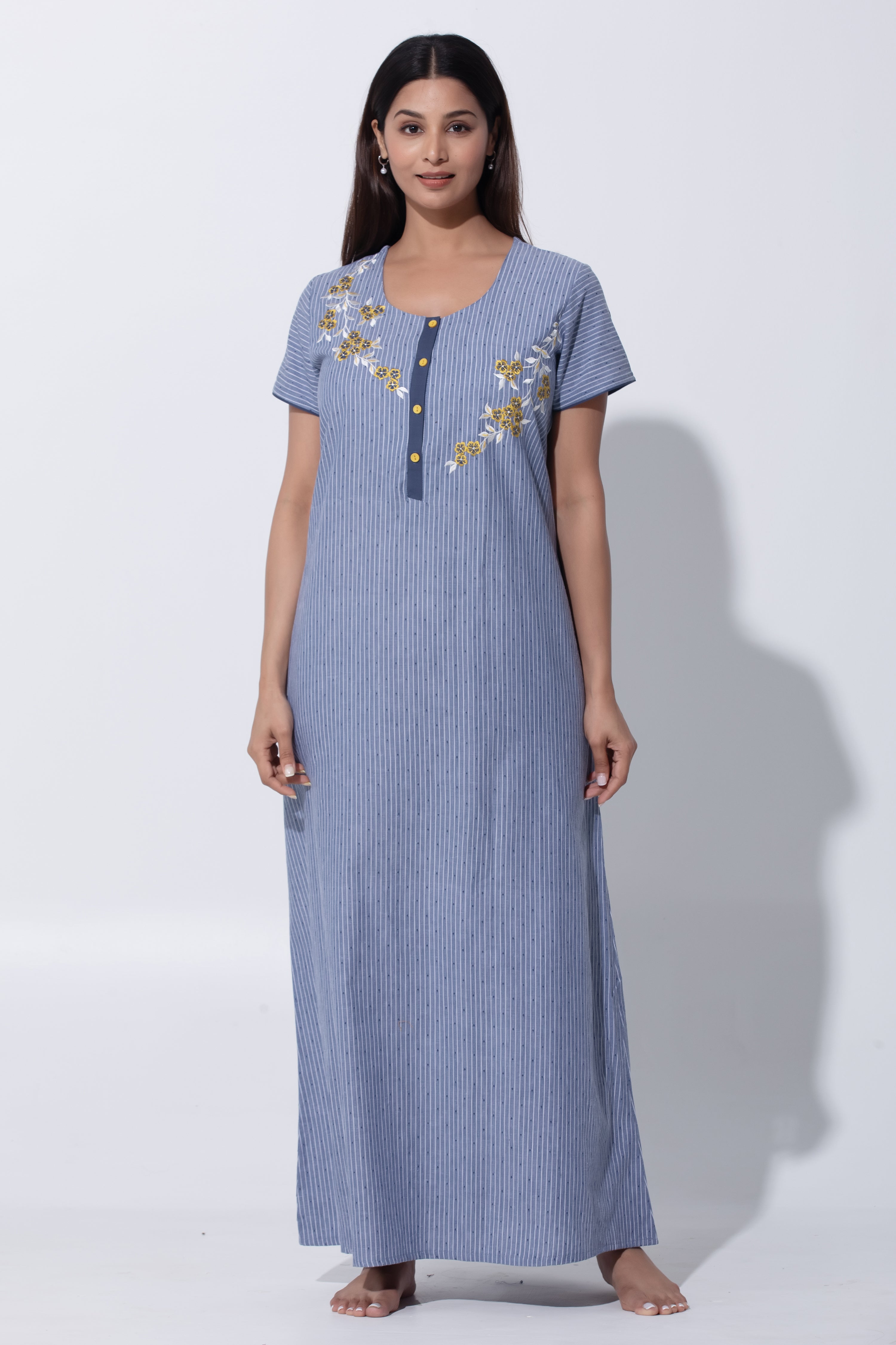 Gray Floral Embroidered Pure Cotton Nightwear with Button