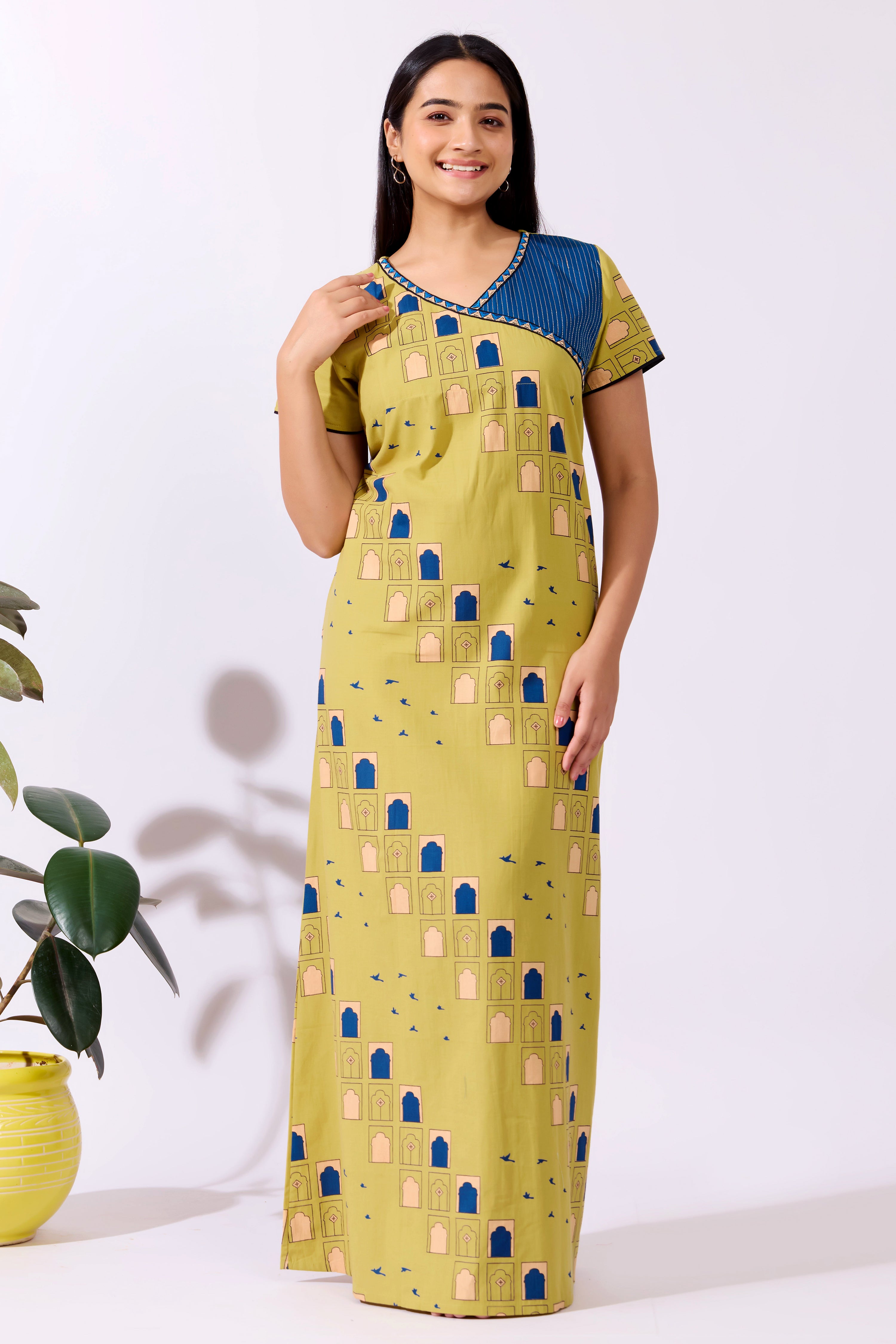 Jharoka Printed Green Cotton Nighty with Embroidered Neckline