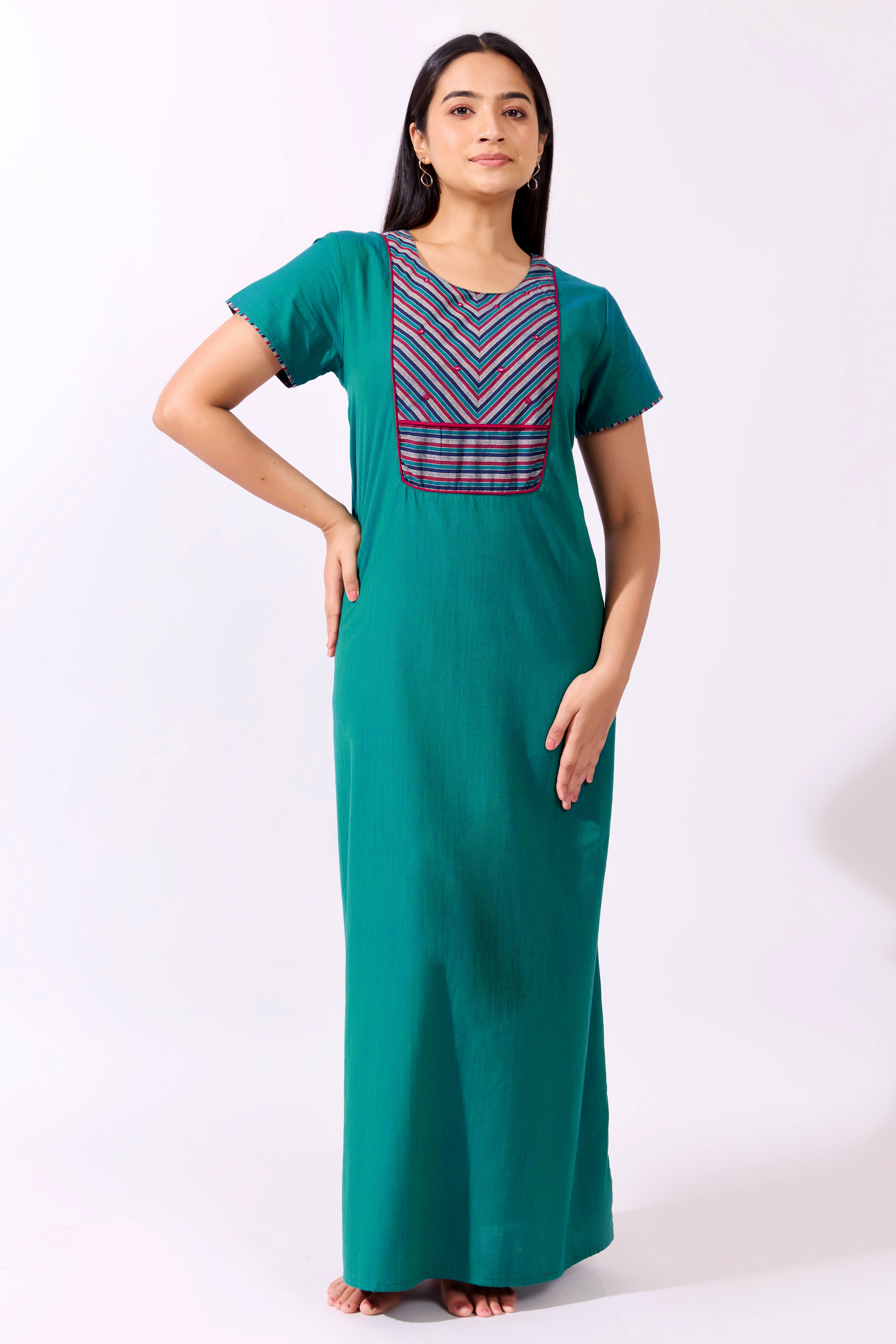 Turuqoise Cotton Nighty with Striped Yoke