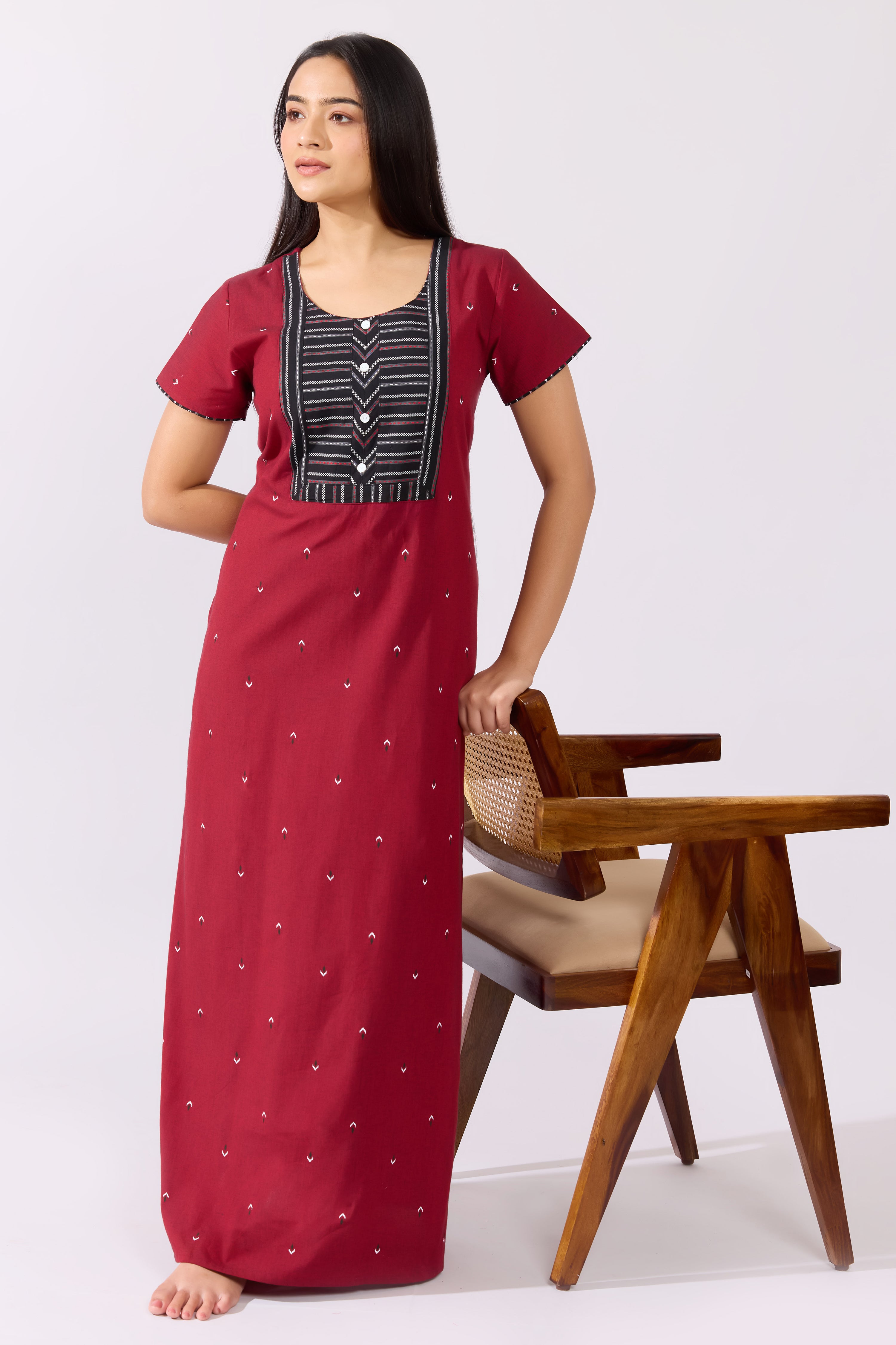 Maroon Cotton Nighty with Dobby Yoke Patchwork