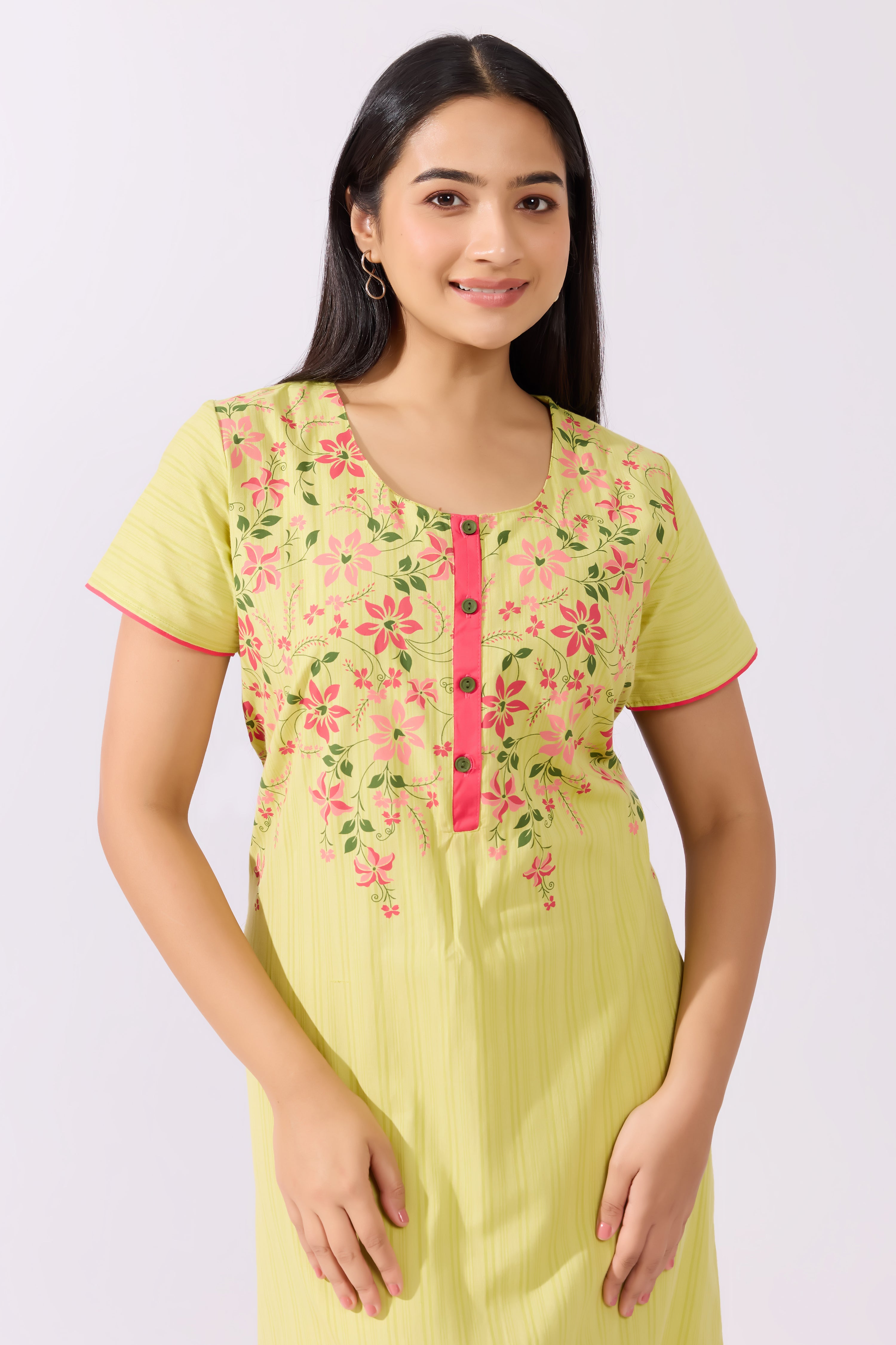 Floral Printed Lime Green Cotton Nighty with Functional Placket