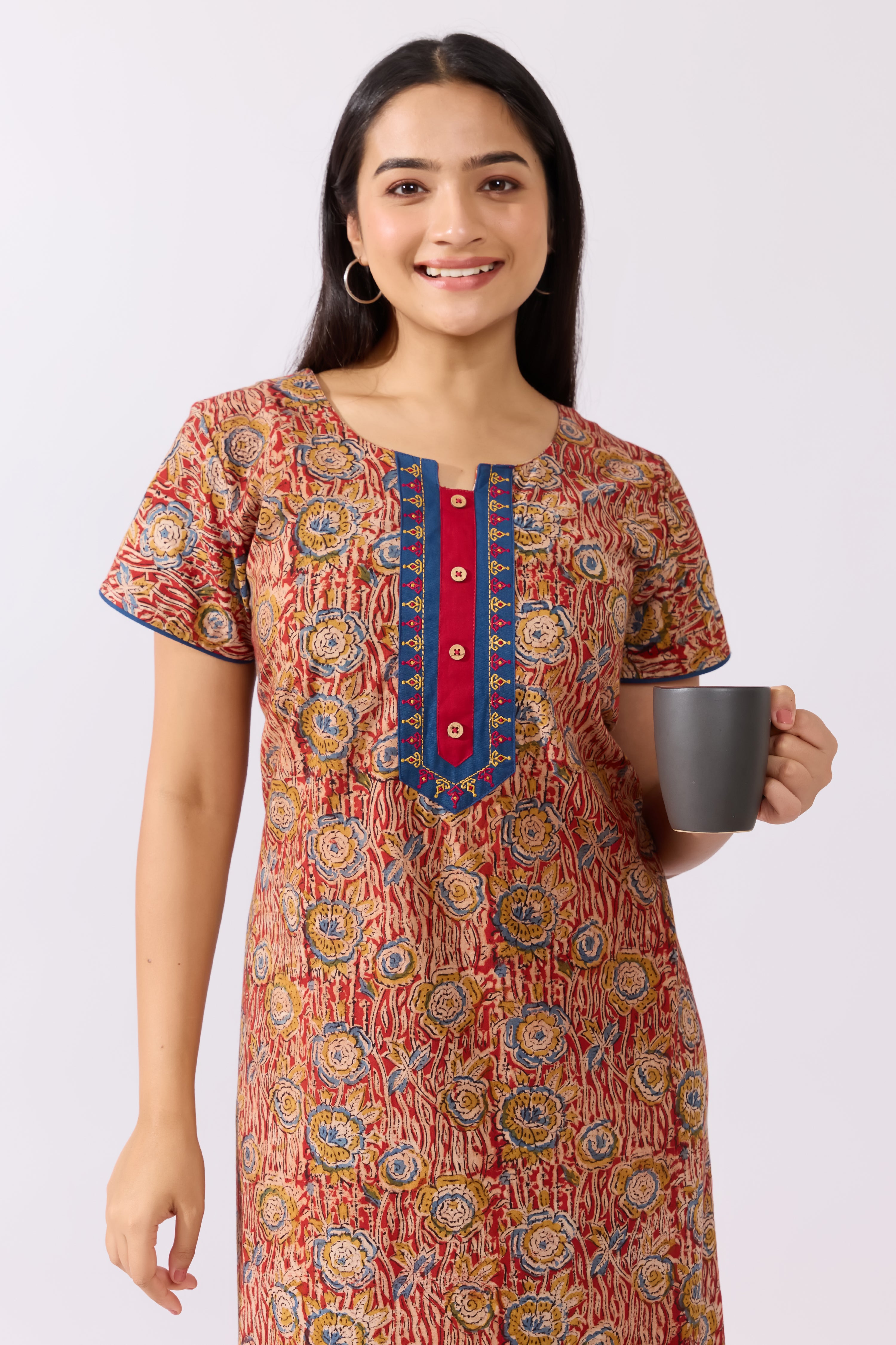 Red Kalamkari Printed Nighty with Embroidered Yoke