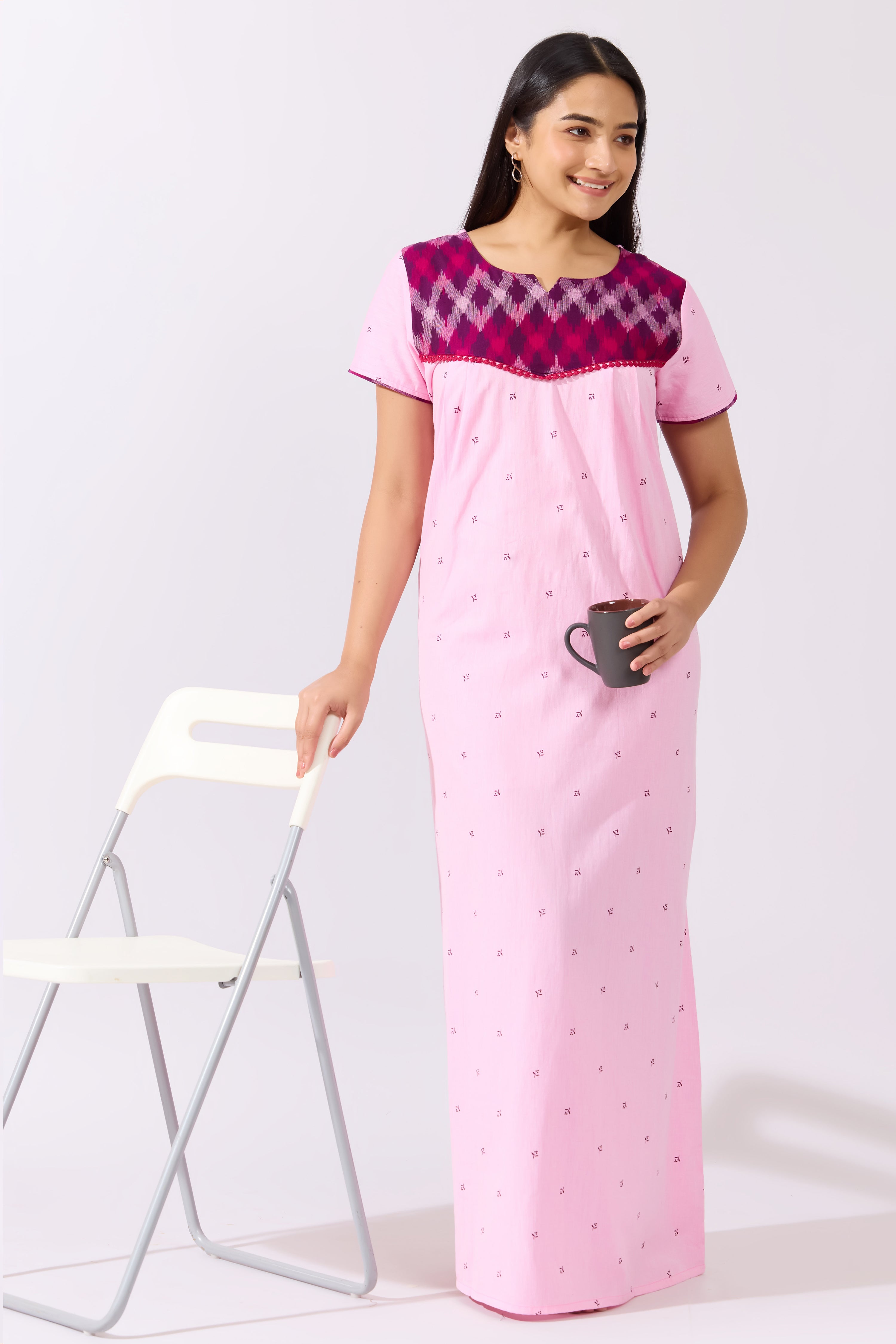Pink Cotton Printed Nighty with Ikkat Weave Yoke