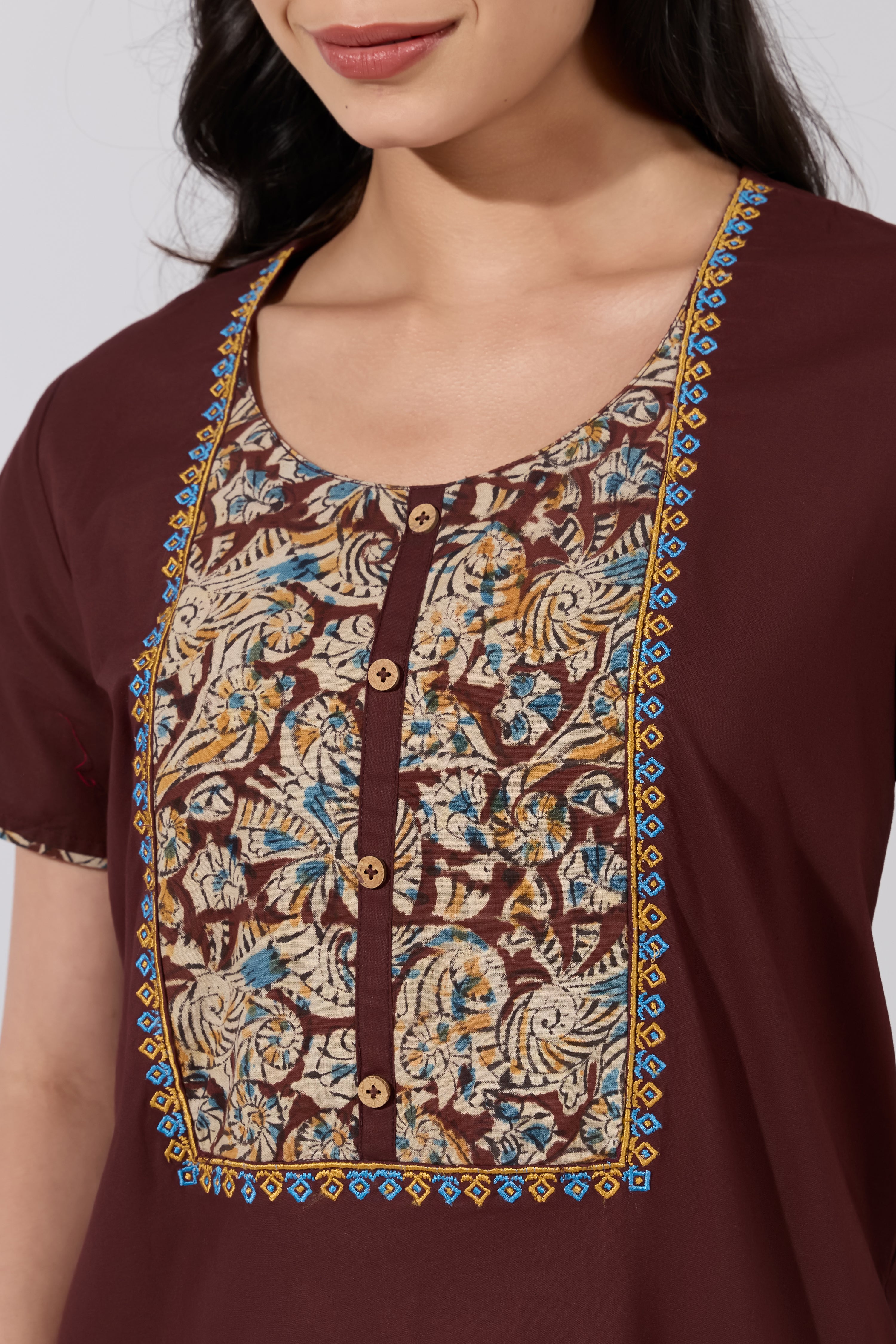 BROWN COTTON NIGHTWEAR WITH KALAMKARI YOKE