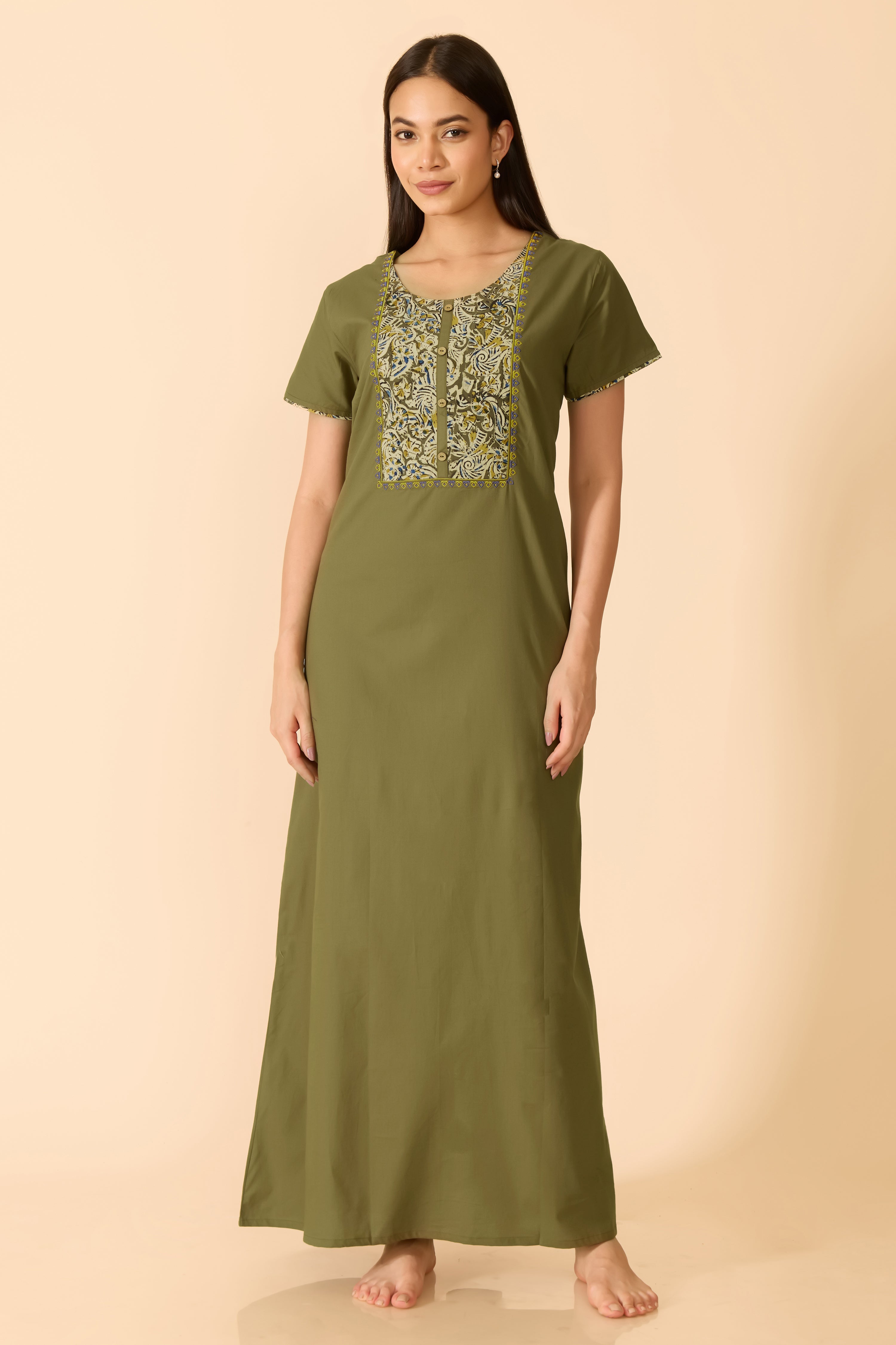 GREEN SOLID COTTON NIGHTWEAR