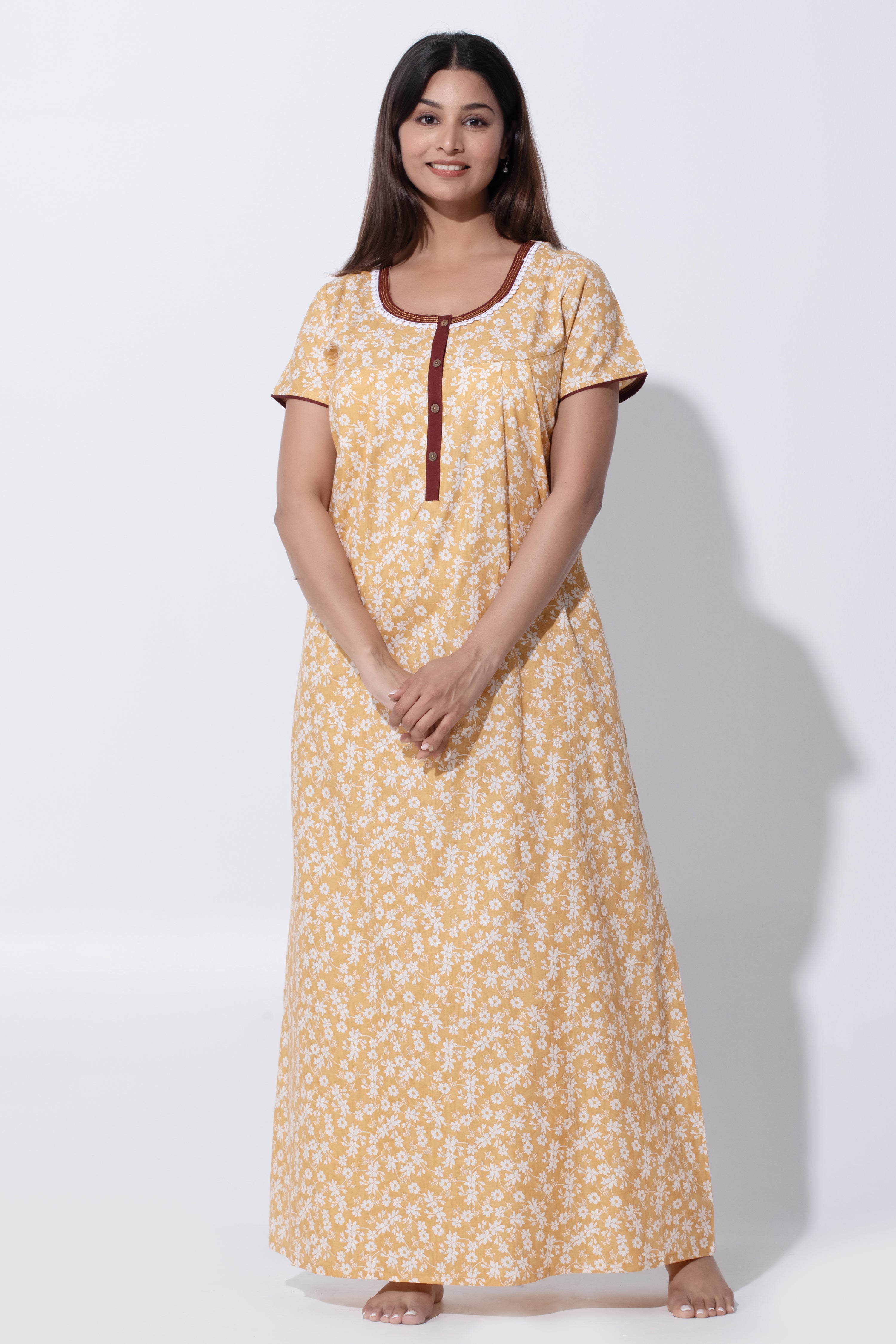 Mustard Nighty with Floral Print & Running Stitch Detail