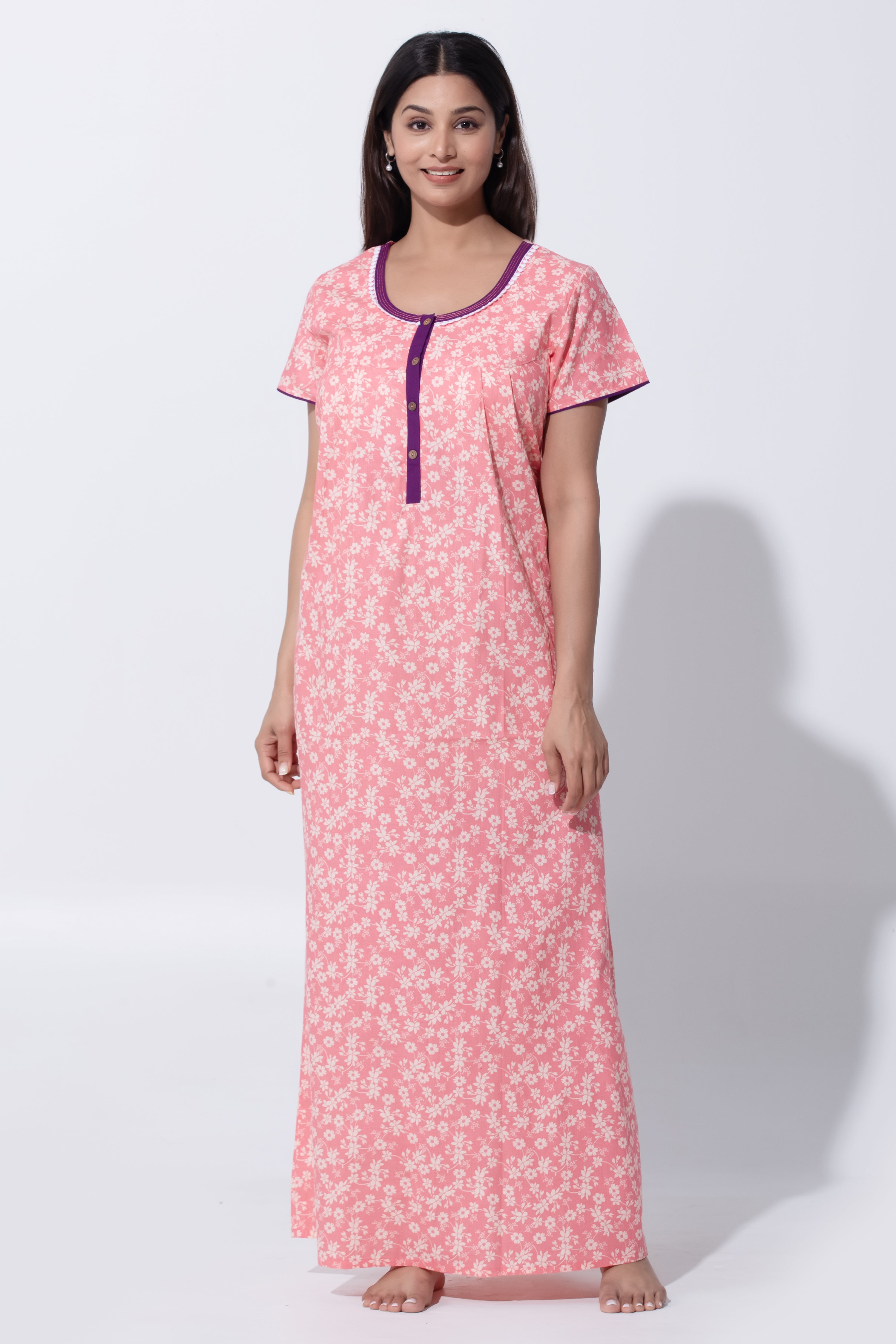 Peach Nighty with Floral Print & Running Stitch Detail
