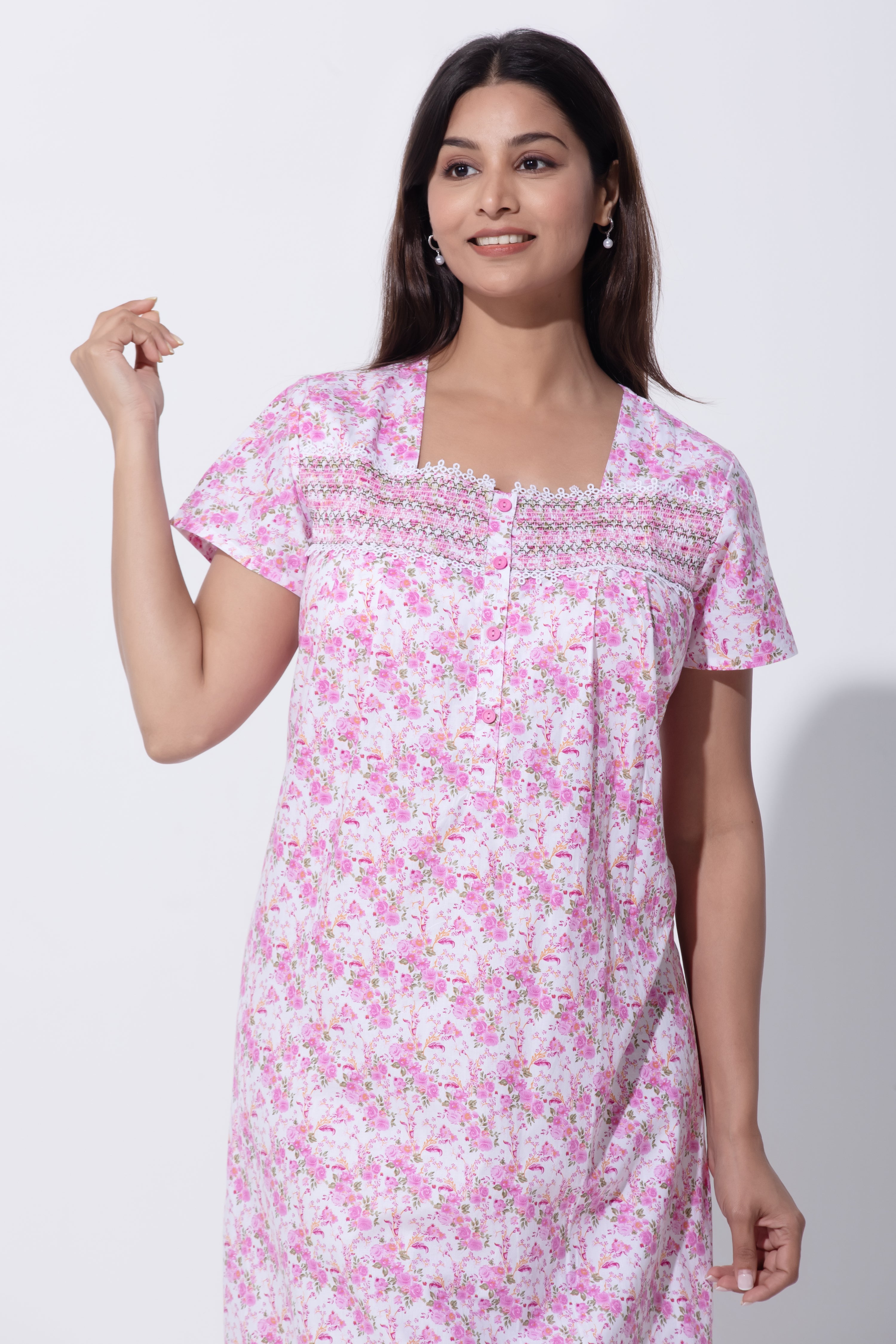 Peach Nighty with Floral Print & Bobbin Elastic