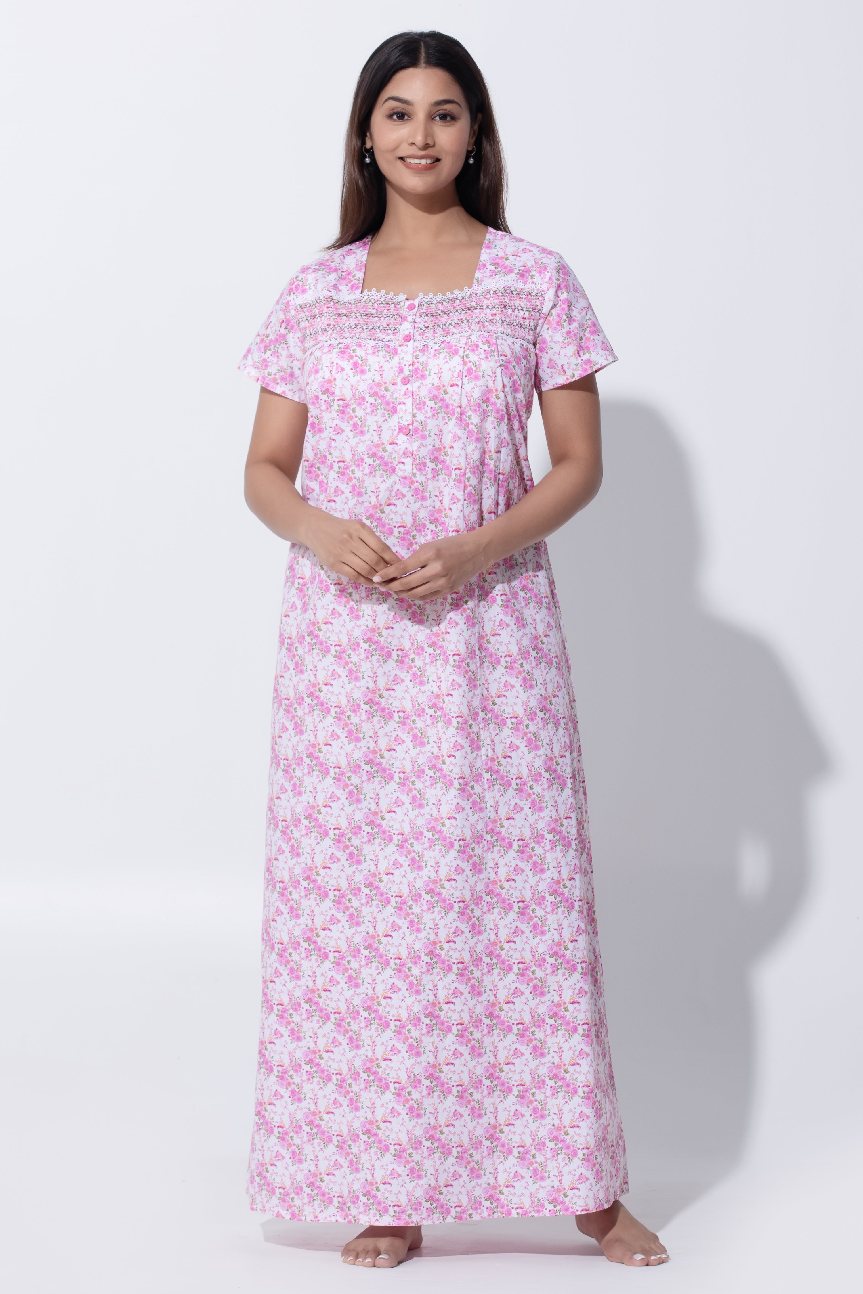 Peach Nighty with Floral Print & Bobbin Elastic