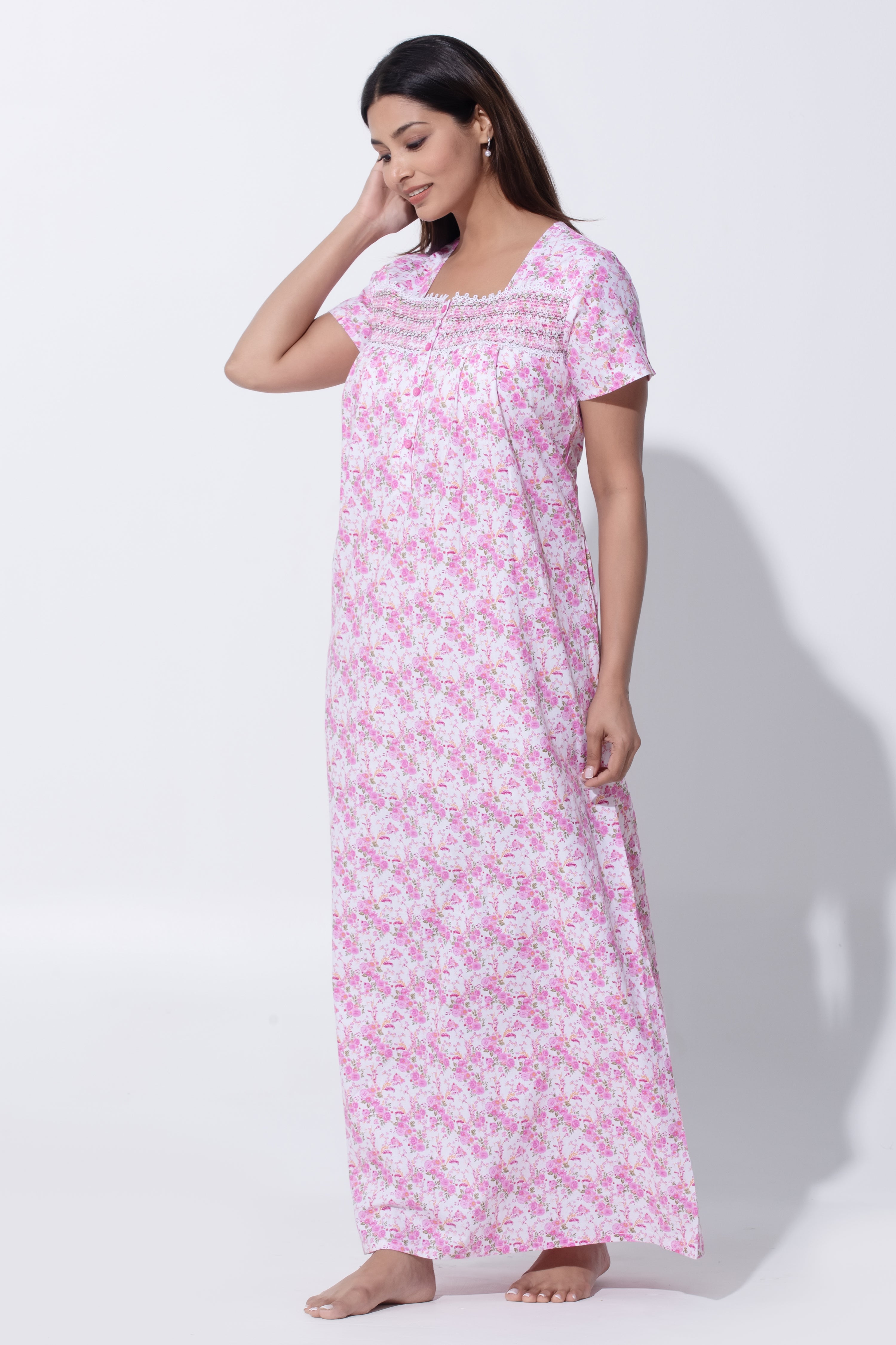 Peach Nighty with Floral Print & Bobbin Elastic