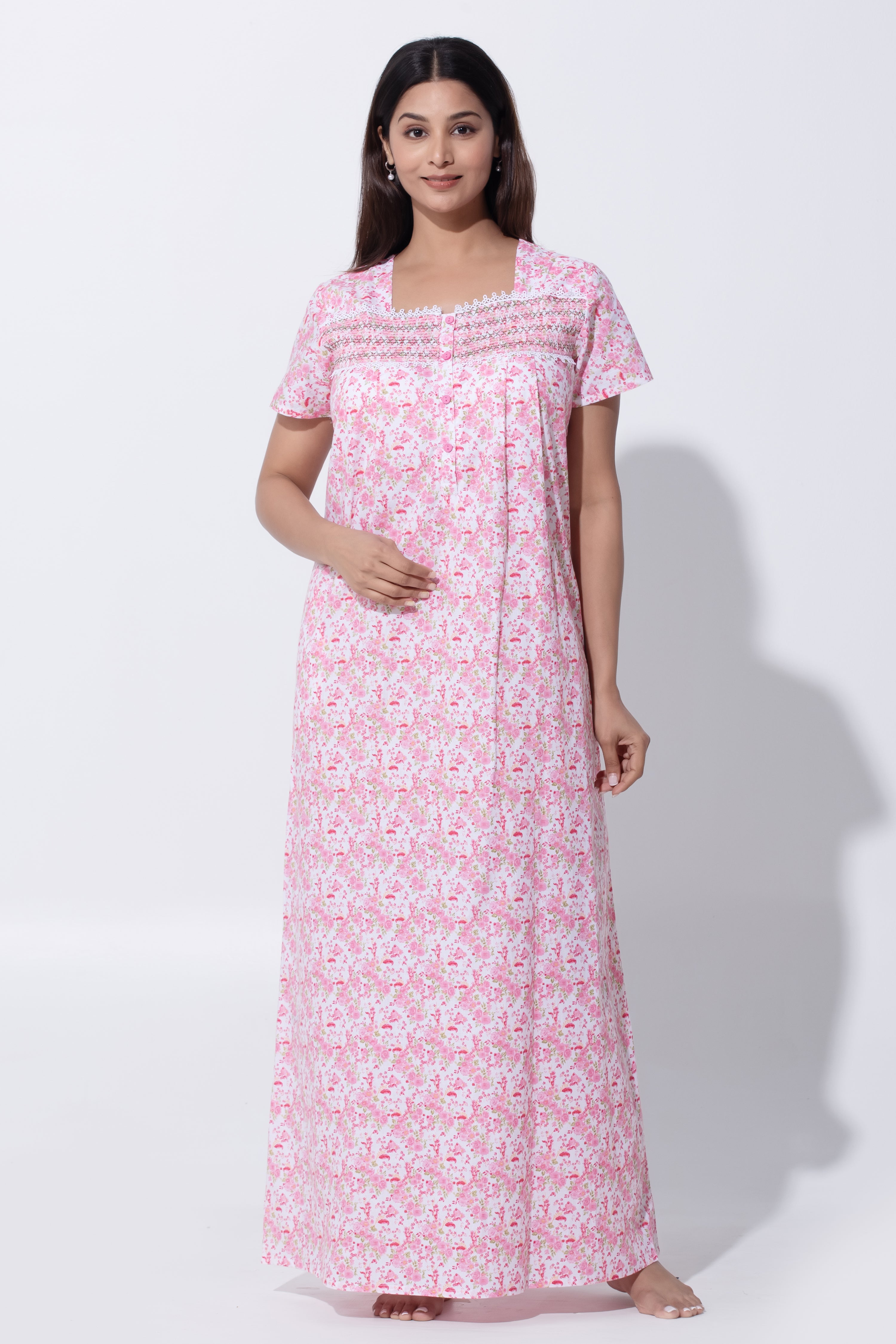 Pink Nighty with Floral Print & Bobbin Elastic