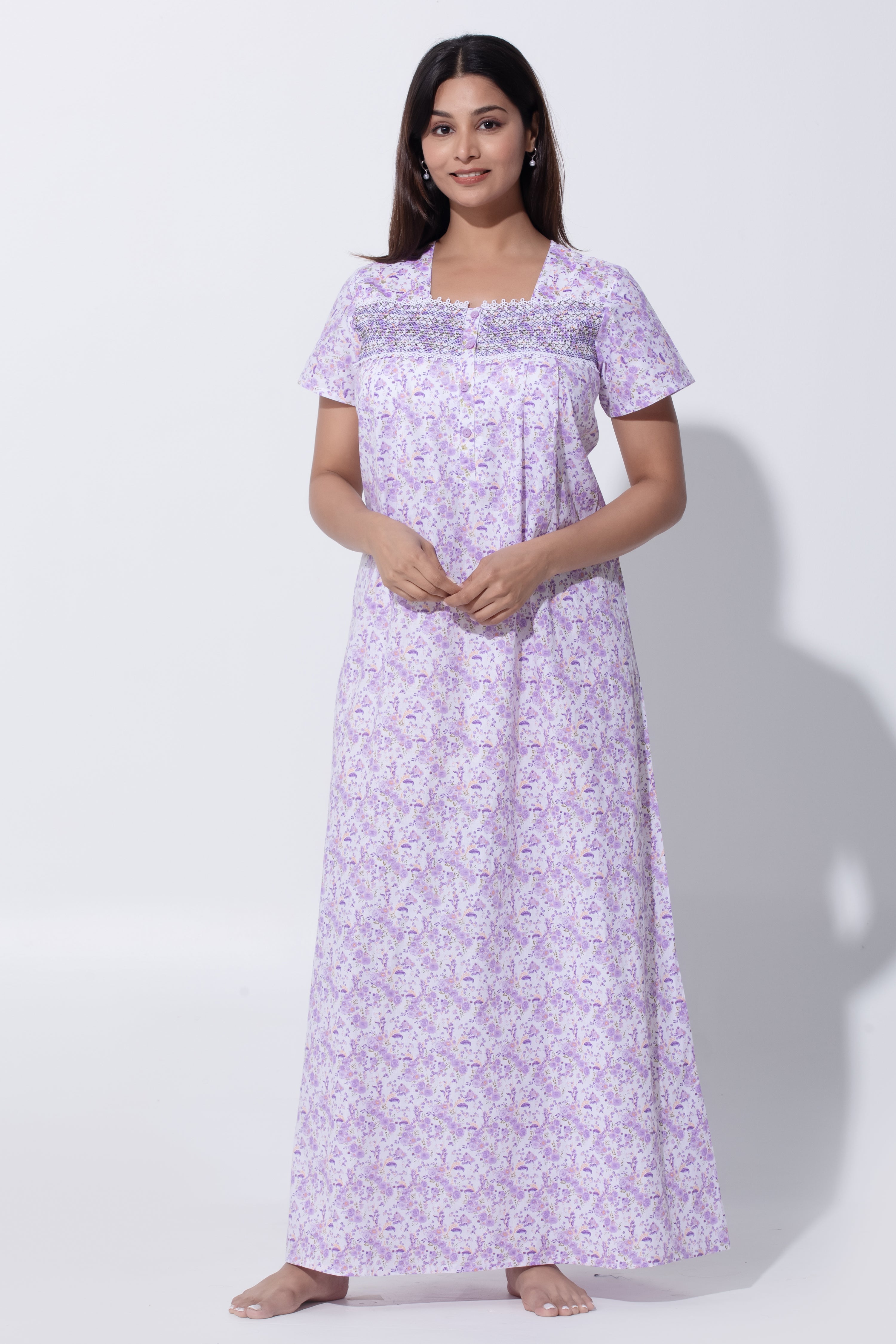 Lavender Nighty with Floral Print & Bobbin Elastic