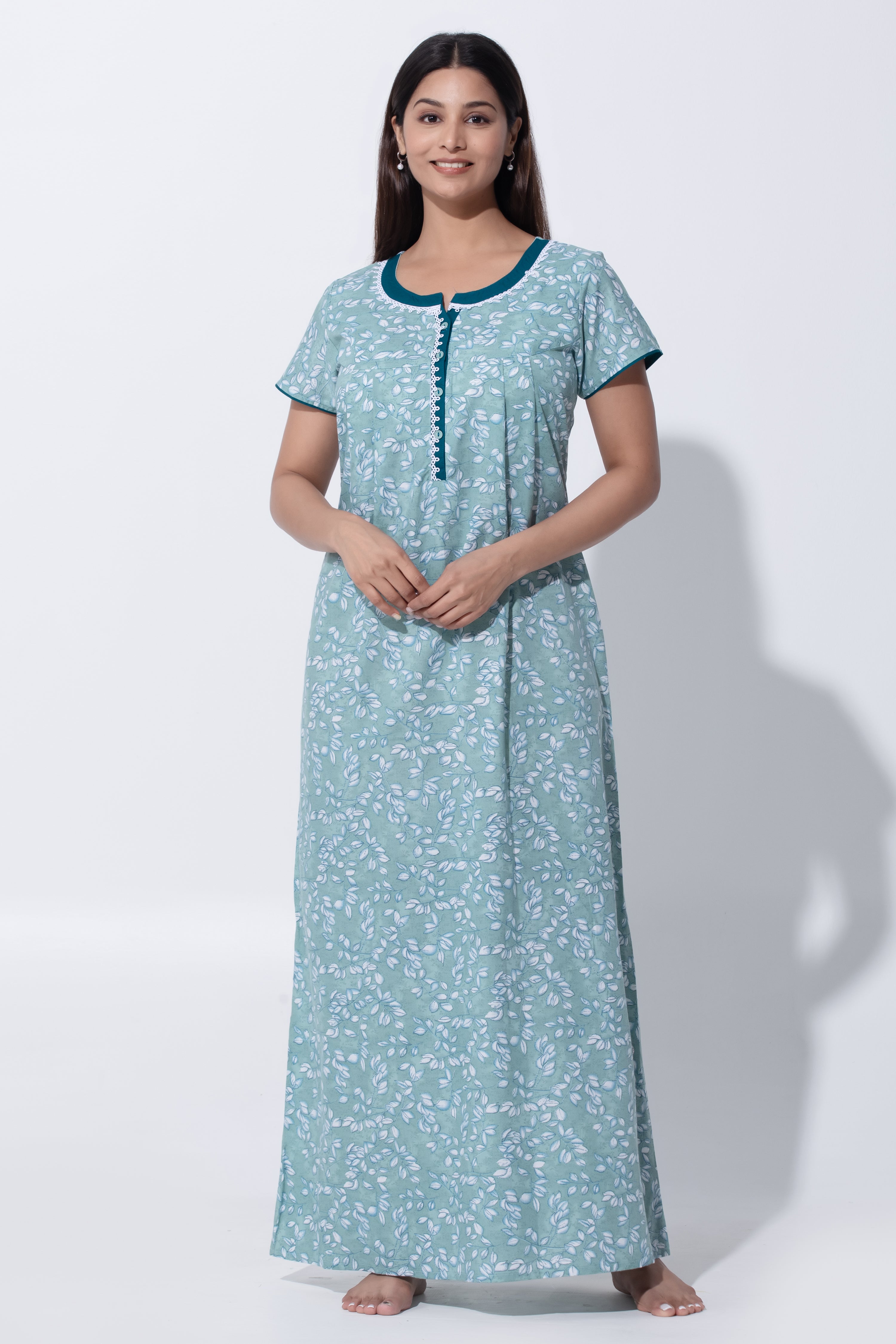 Green Leaf Print Nighty with Lace & Button Front