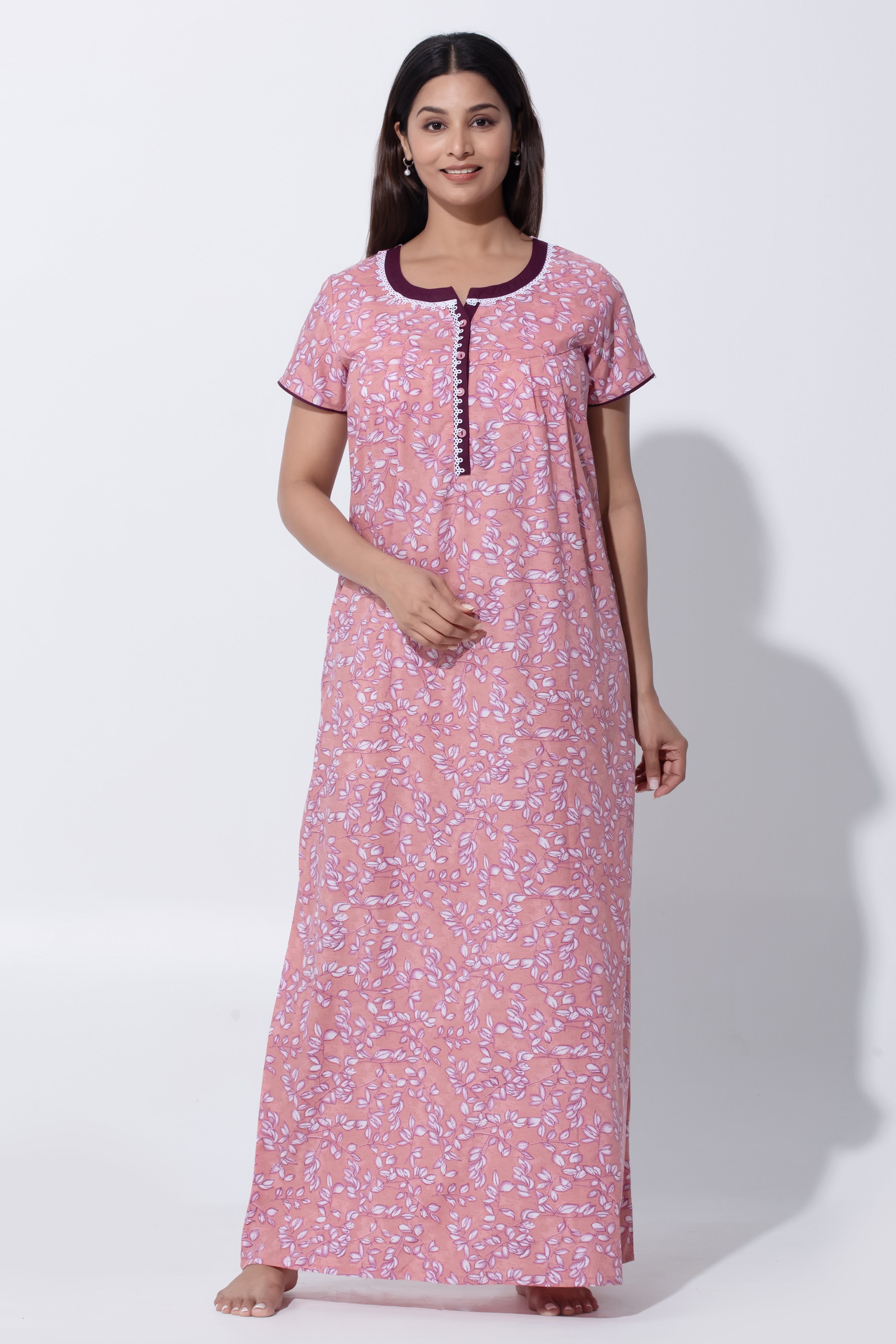 Pink Leaf Print Nighty with Lace & Button Front