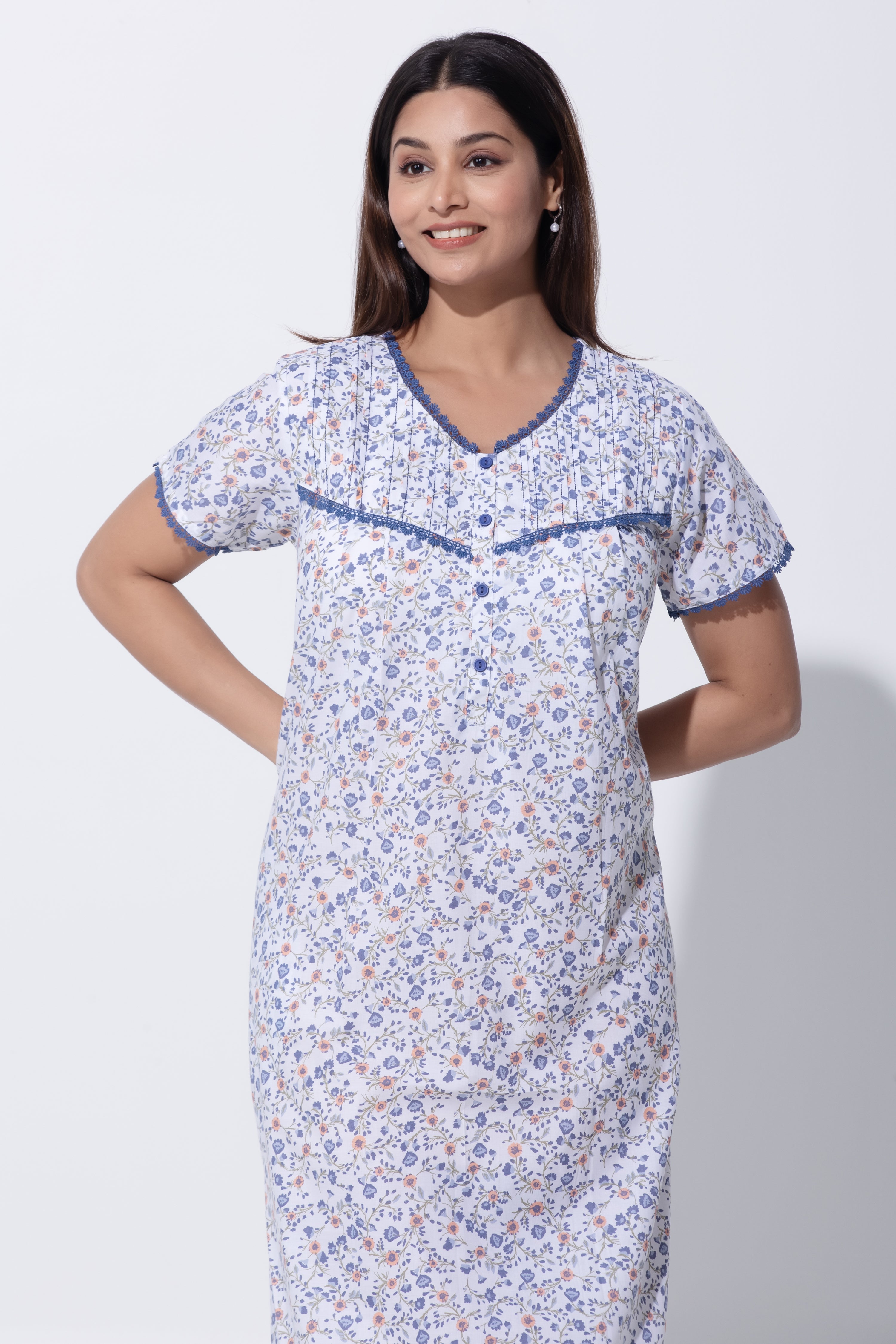 Navy Blue & White Nighty with Floral Print & Pin Tuck Yoke