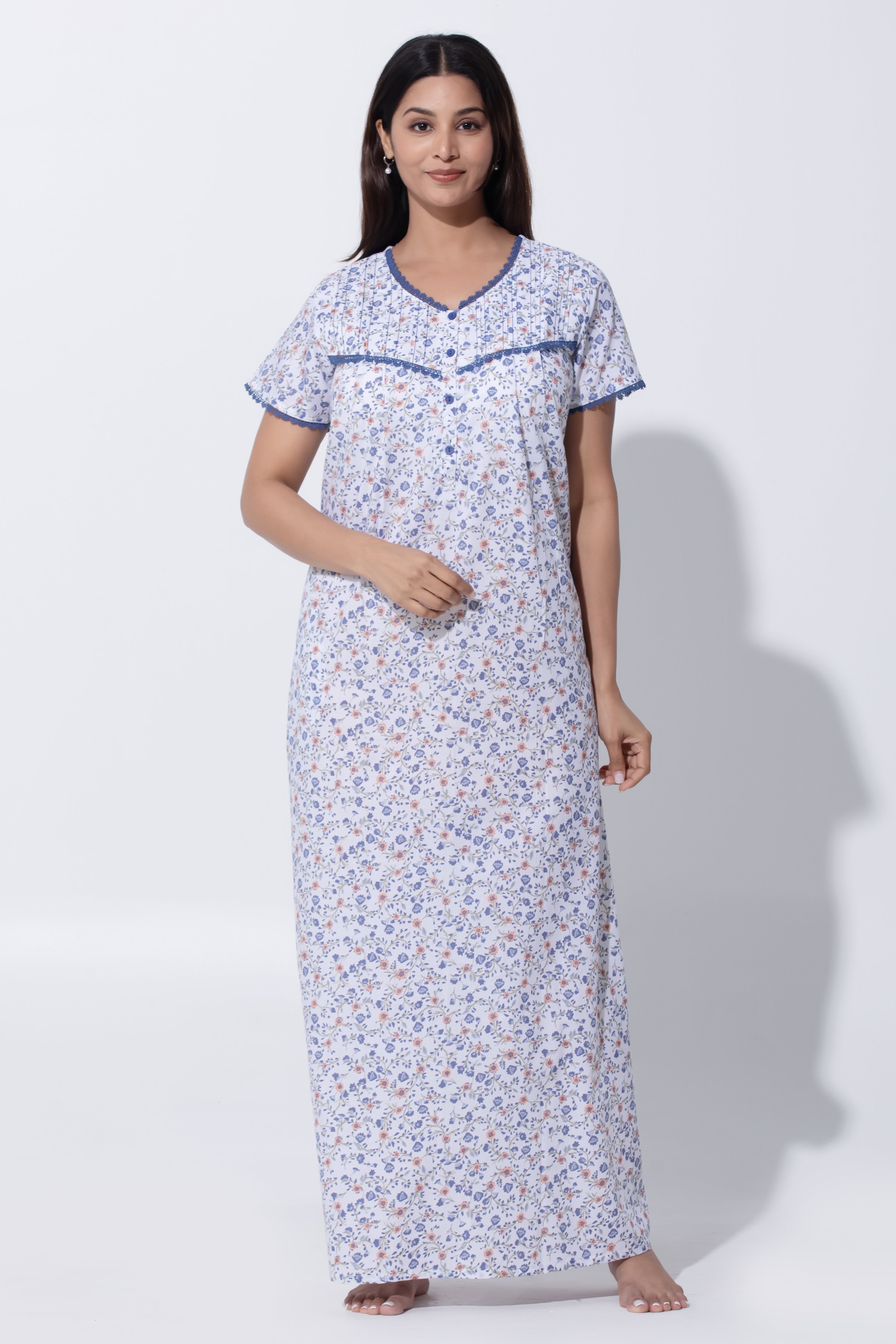 Navy Blue & White Nighty with Floral Print & Pin Tuck Yoke