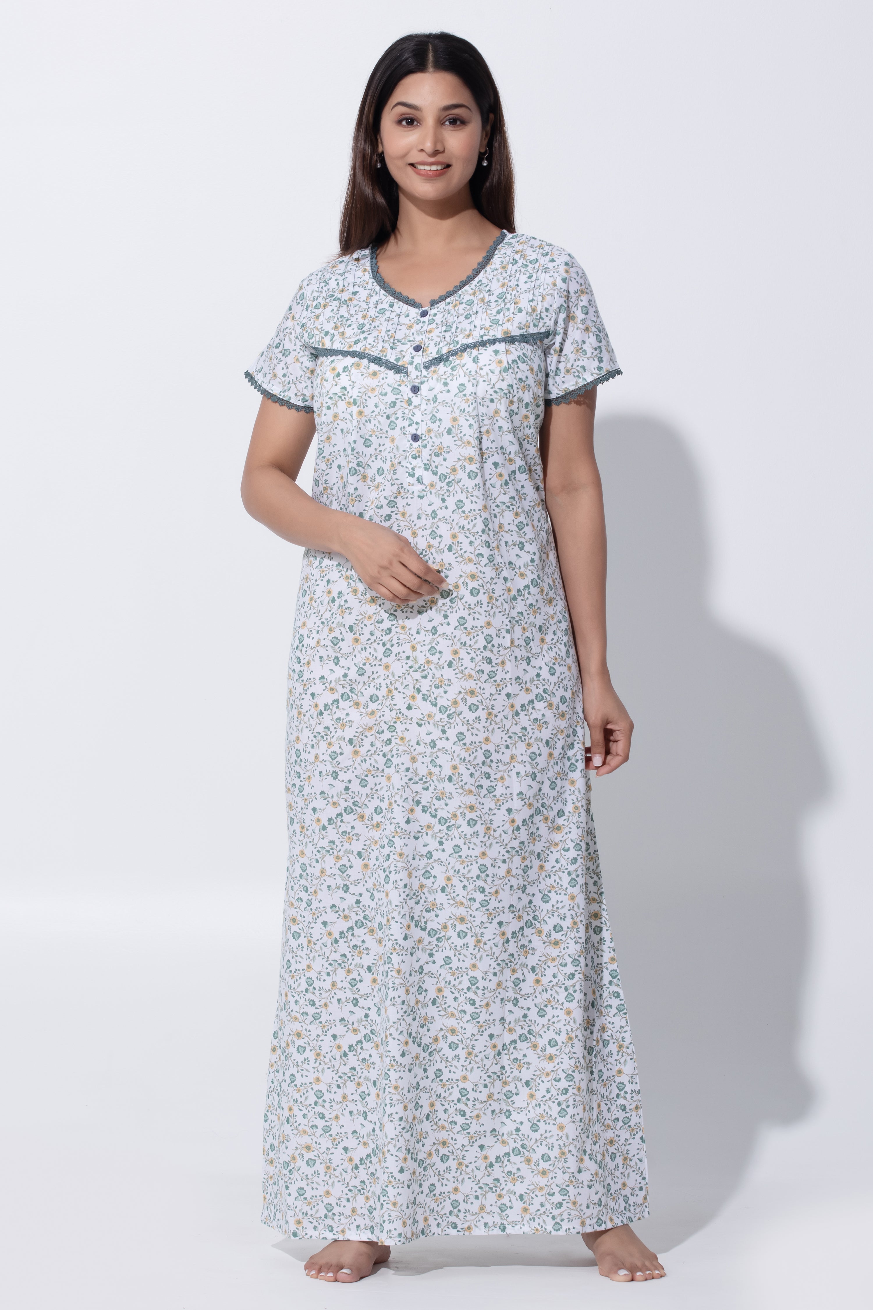 Olive Green & White Nighty with Floral Print & Pin Tuck Yoke