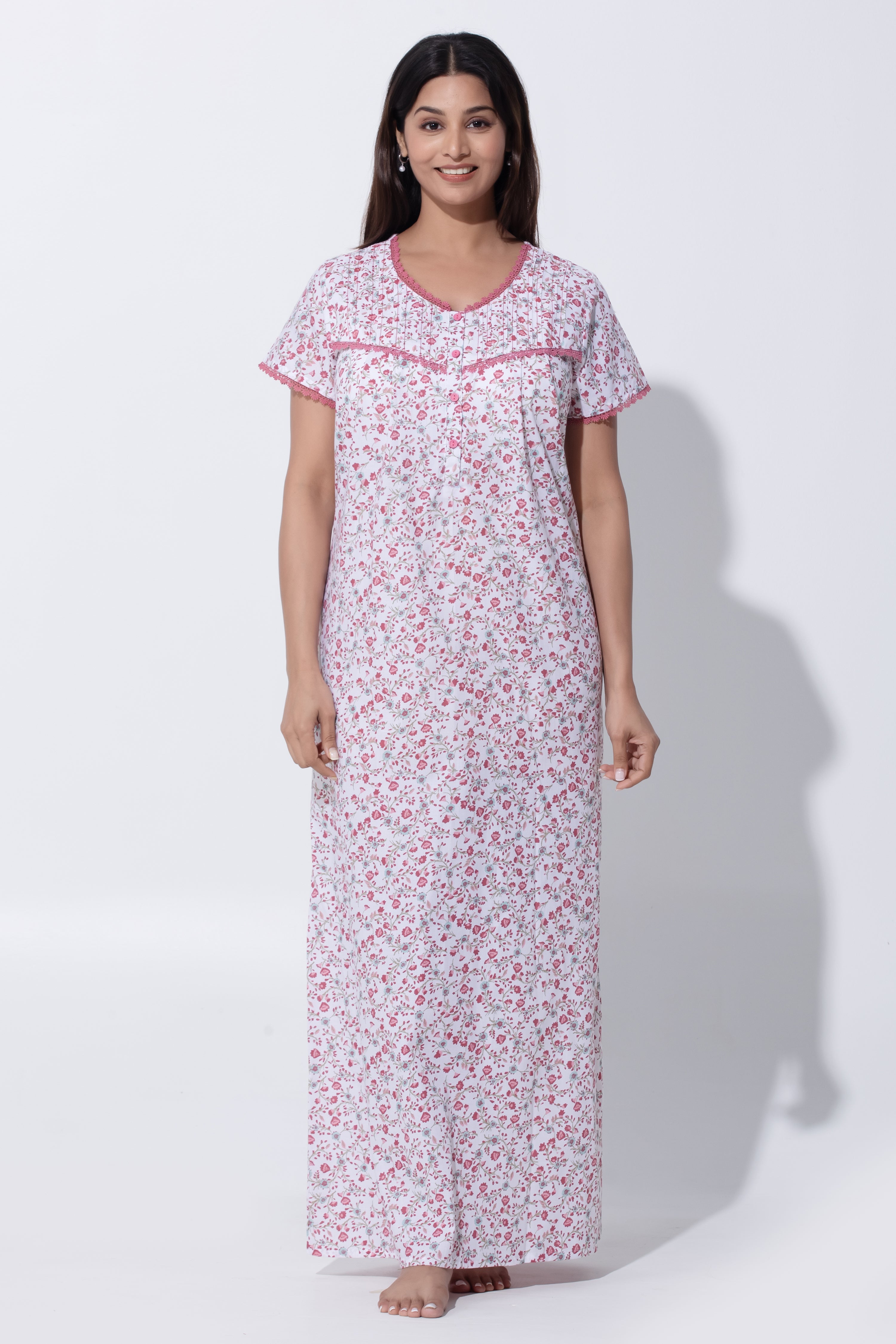 Pink & White Nighty with Floral Print & Pin Tuck Yoke