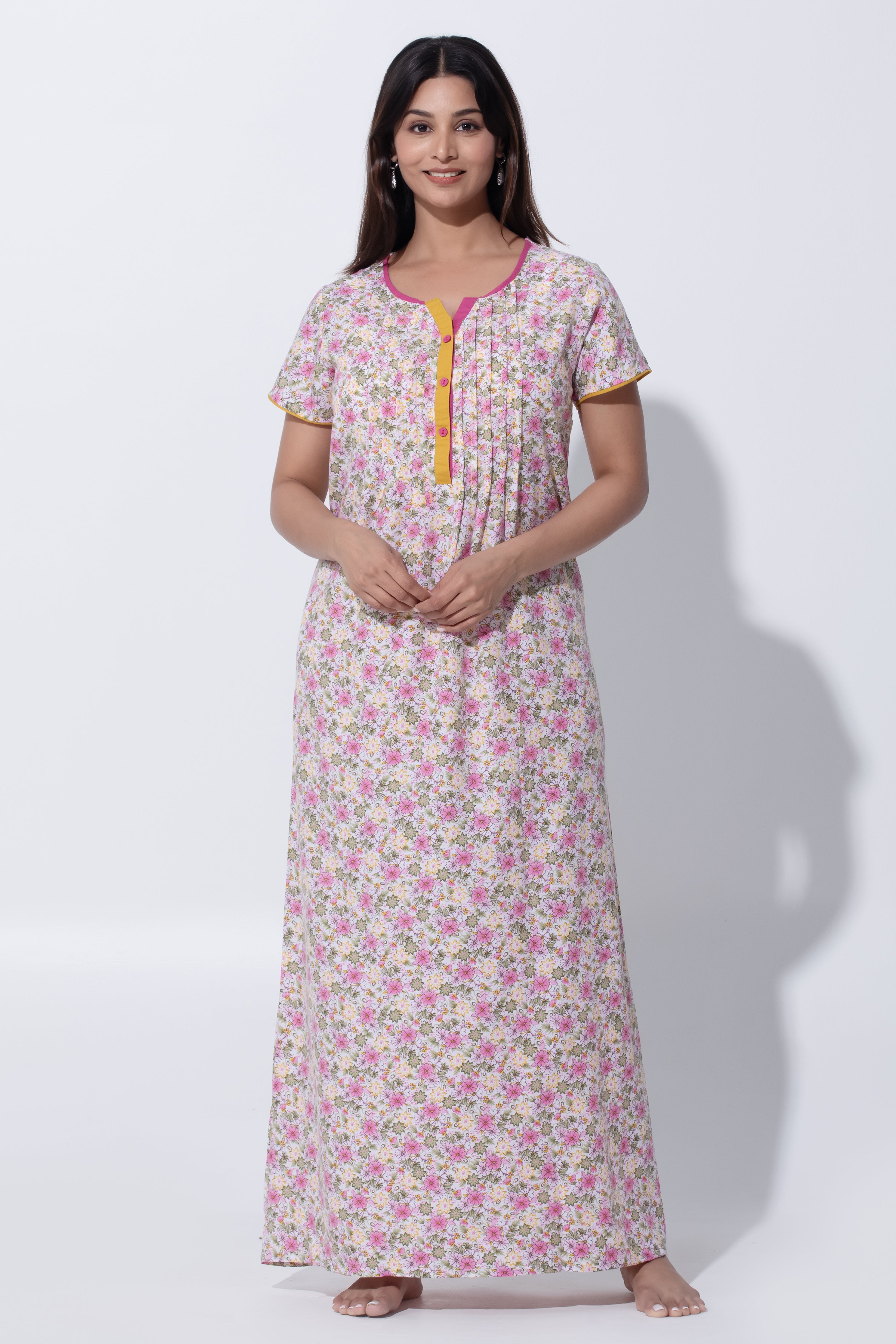 Pink Floral Poly Cotton Nighty with Pin Tuck & Button Closure