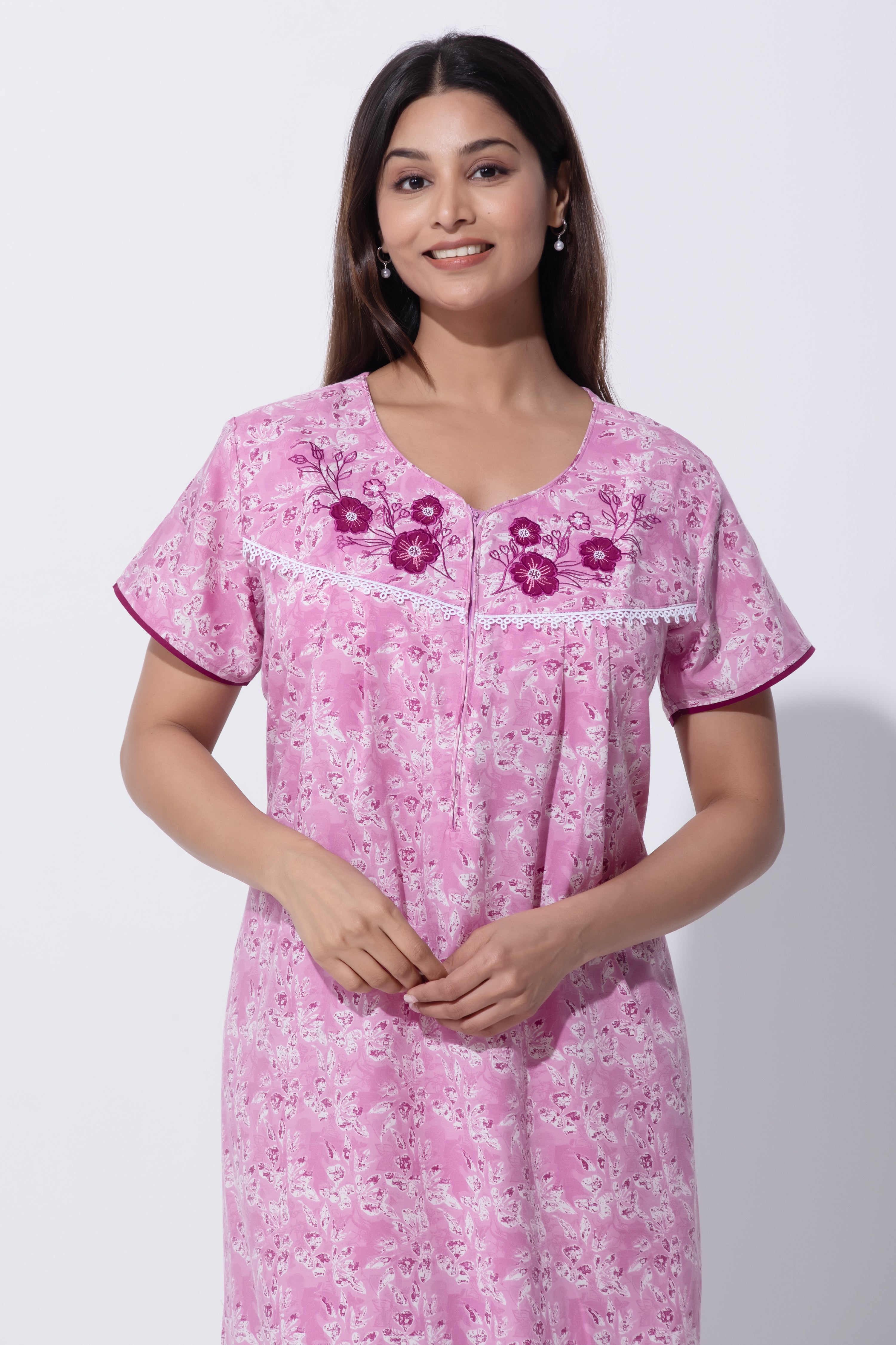 Pink Floral Print Nighty with Lace Design & Zipper Closure